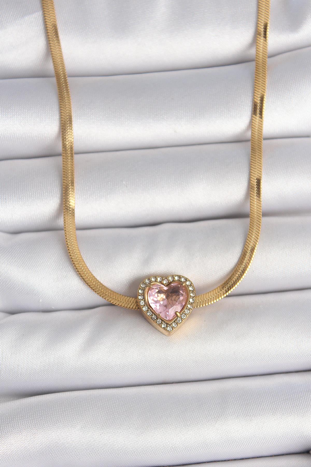 316L Çelik Gold Renk İtalyan Zincir Pembe Zirkon Taşlı Kalp Model Kadın Kolye