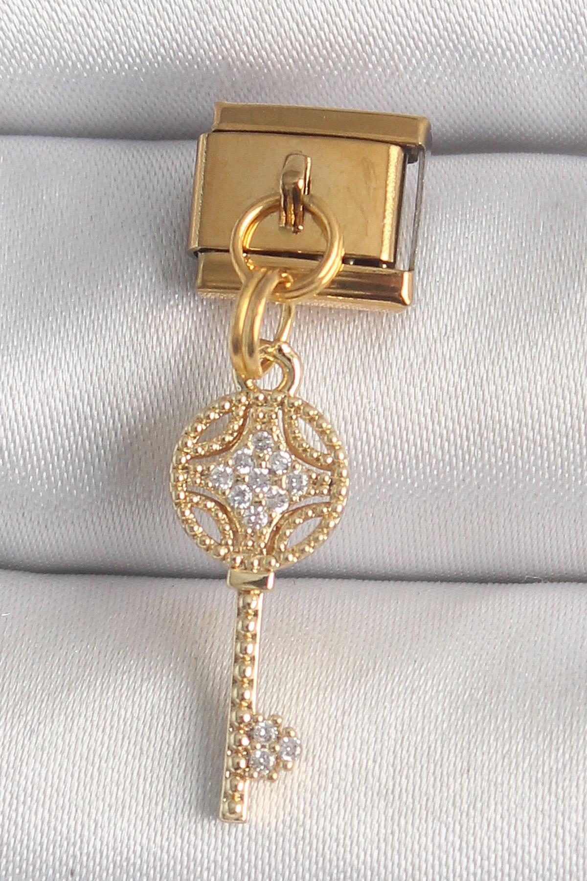 316L Çelik Gold Renk Sallantı Zirkon Taşlı Anahtar Model Nomination Charm