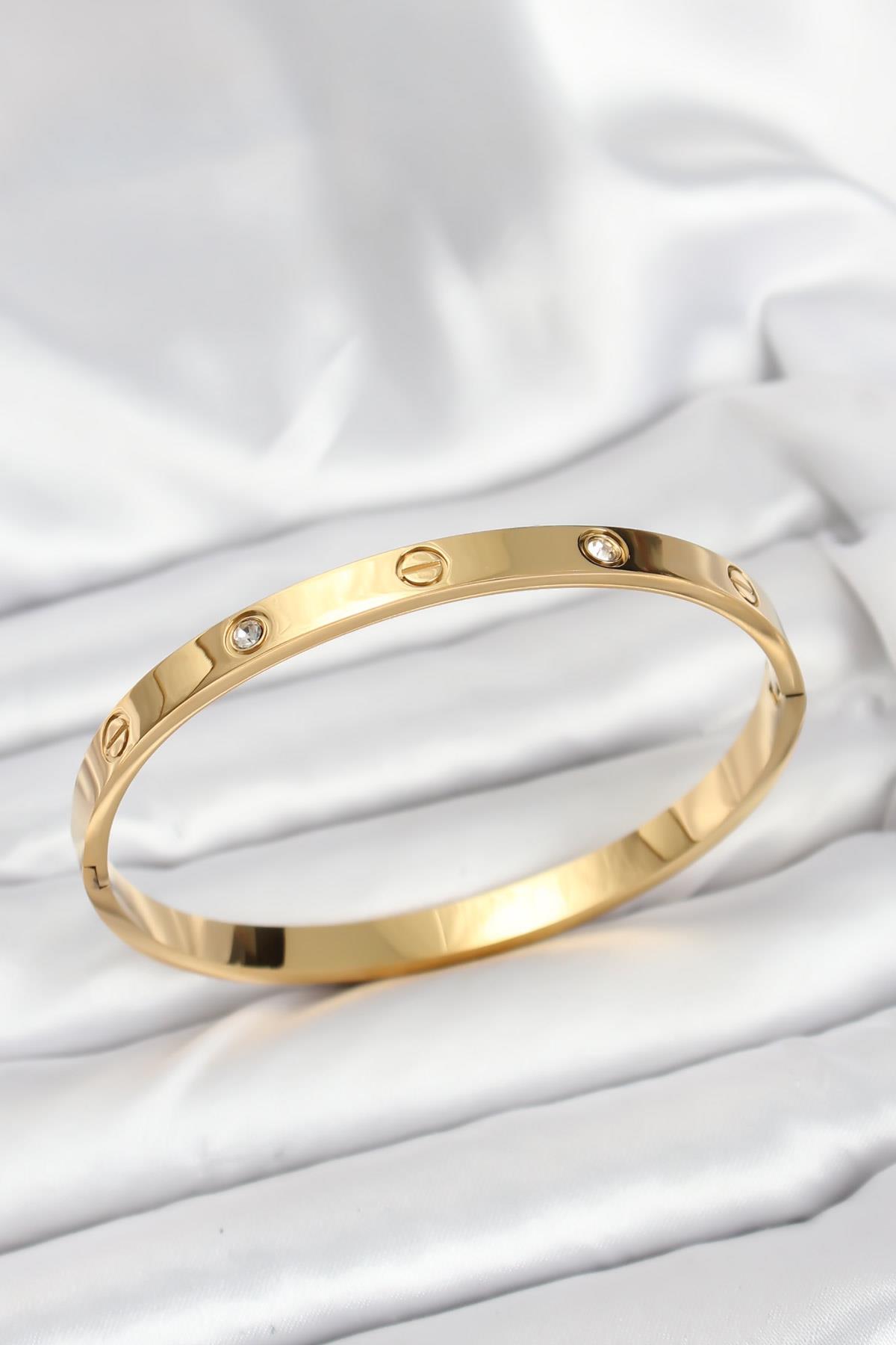 316L Çelik Gold Renk Zirkon Taşlı 65 mm Kadın Kelepçe Bileklik