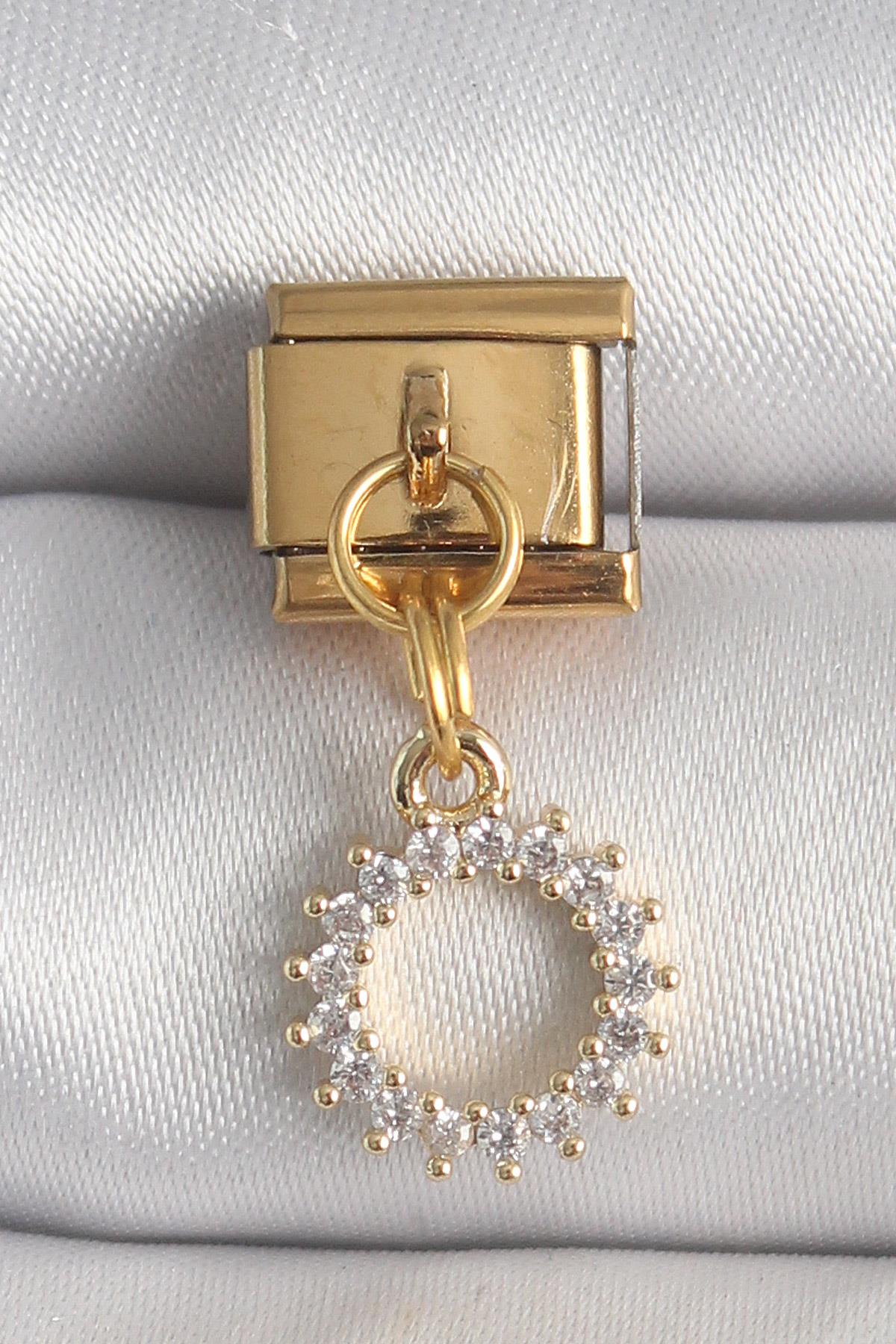 316L Çelik Gold Renk Zirkon Taşlı Sallantı Güneş Model Nomination Charm