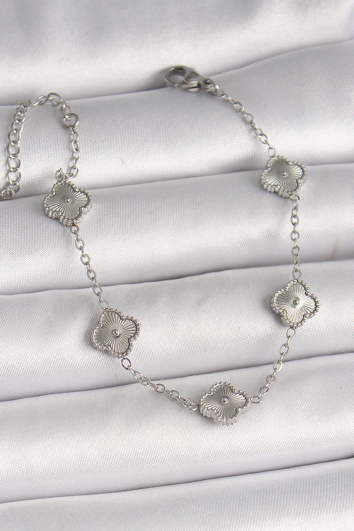 316L Çelik Gümüş Renk İşlemeli Yonca Model Kadın Bileklik