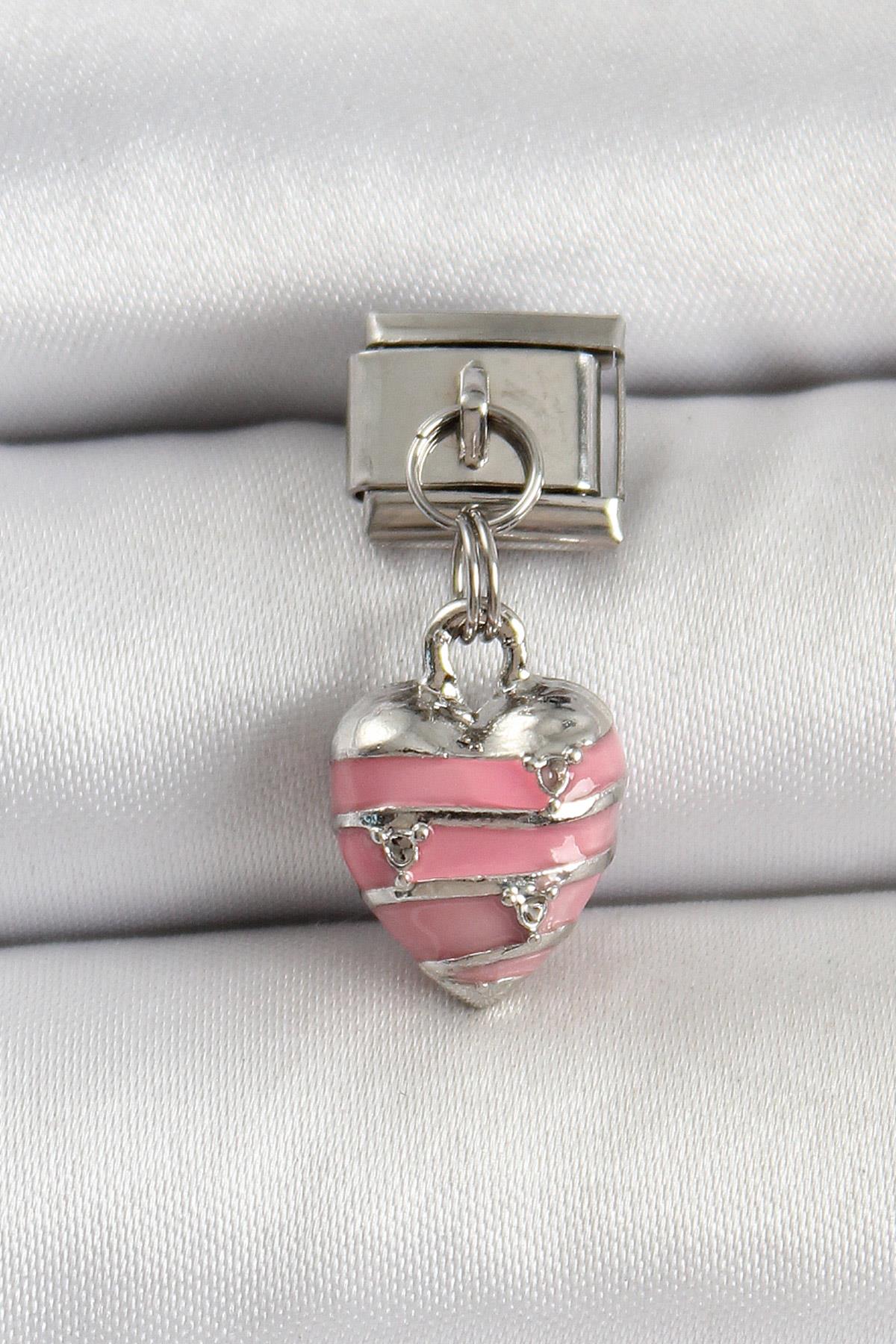 316L Çelik Gümüş Renk Pembe Kalp Model Nomination Charm