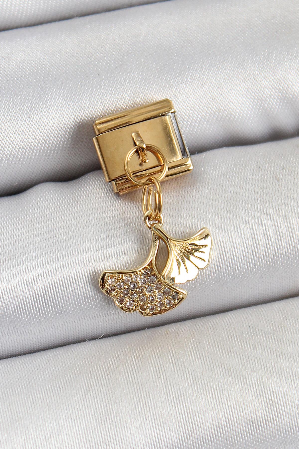 316L Çelik Sallantılı Zirkon Taşlı Balık Kuyruğu Model Gold Renk Nomination Charm