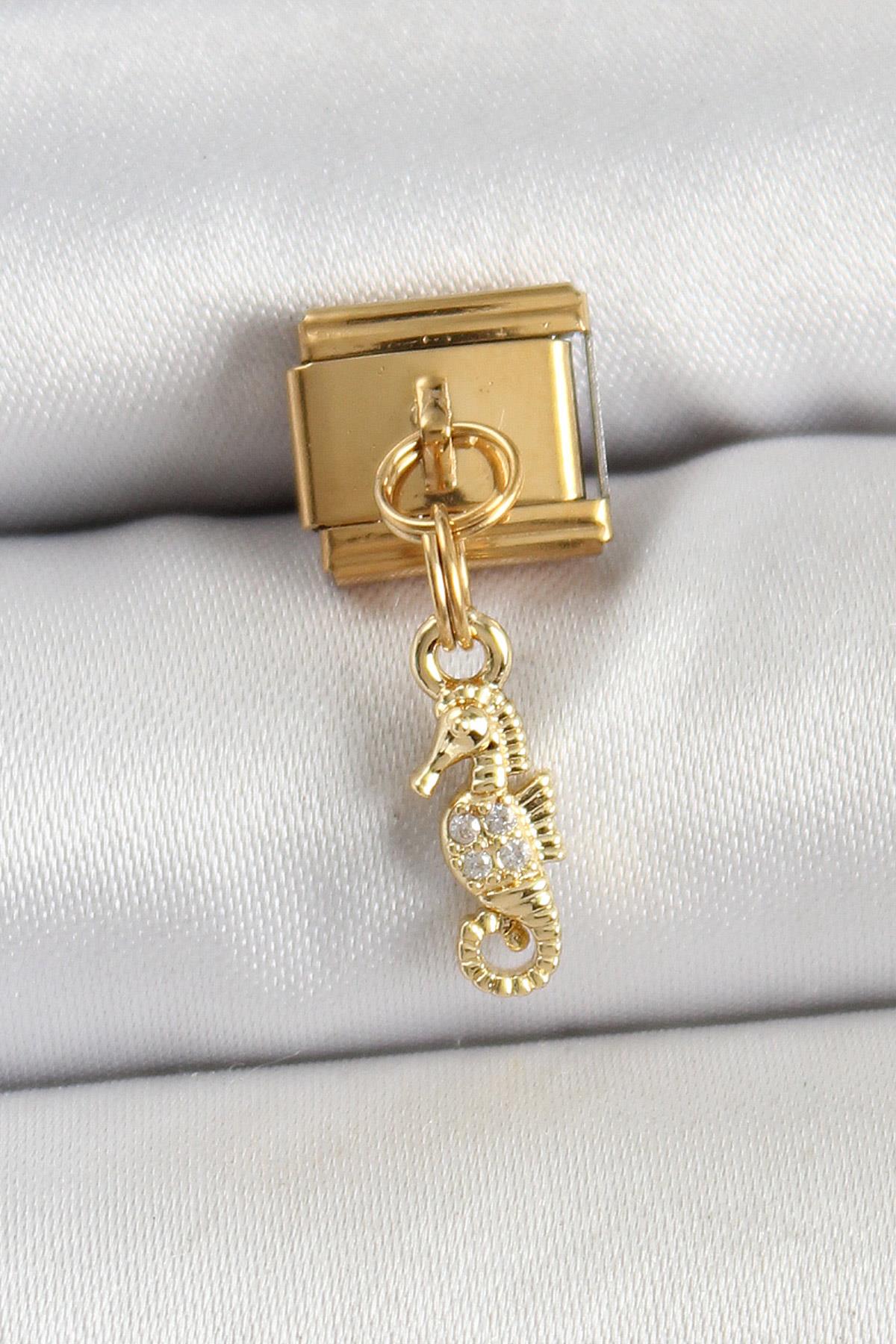 316L Çelik Sallantılı Zirkon Taşlı Çiçek Model Gold Renk Nomination Charm