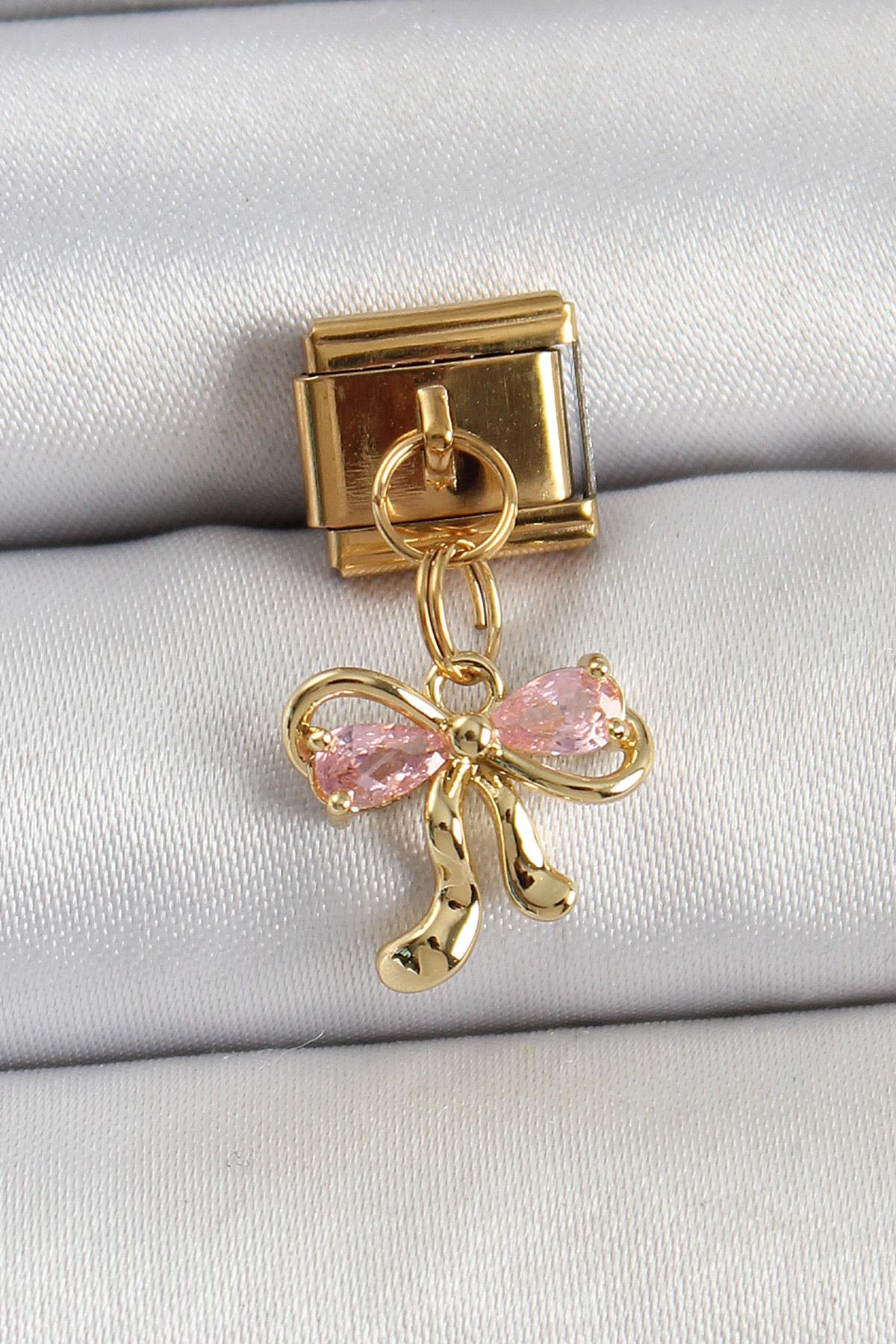 316L Çelik Sallantılı Zirkon Taşlı Fiyonk Model Gold Renk Nomination Charm