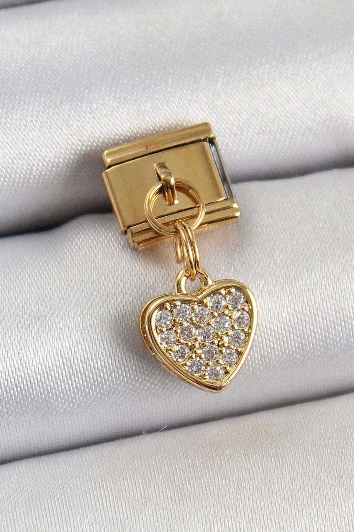 316L Çelik Sallantılı Zirkon Taşlı Kalp Model Gold Renk Nomination Charm