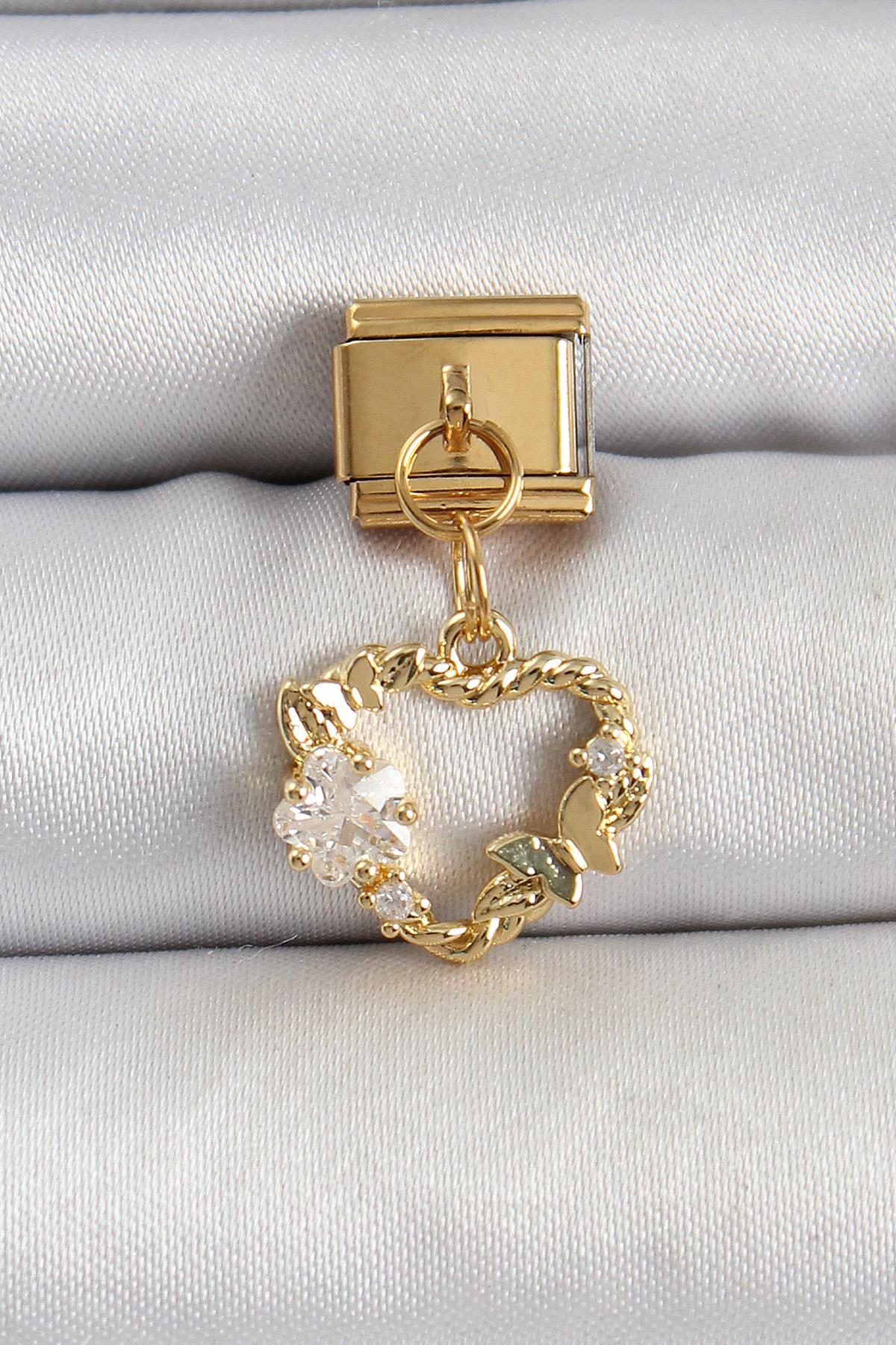 316L Çelik Sallantılı Zirkon Taşlı Kalp Model Gold Renk Nomination Charm
