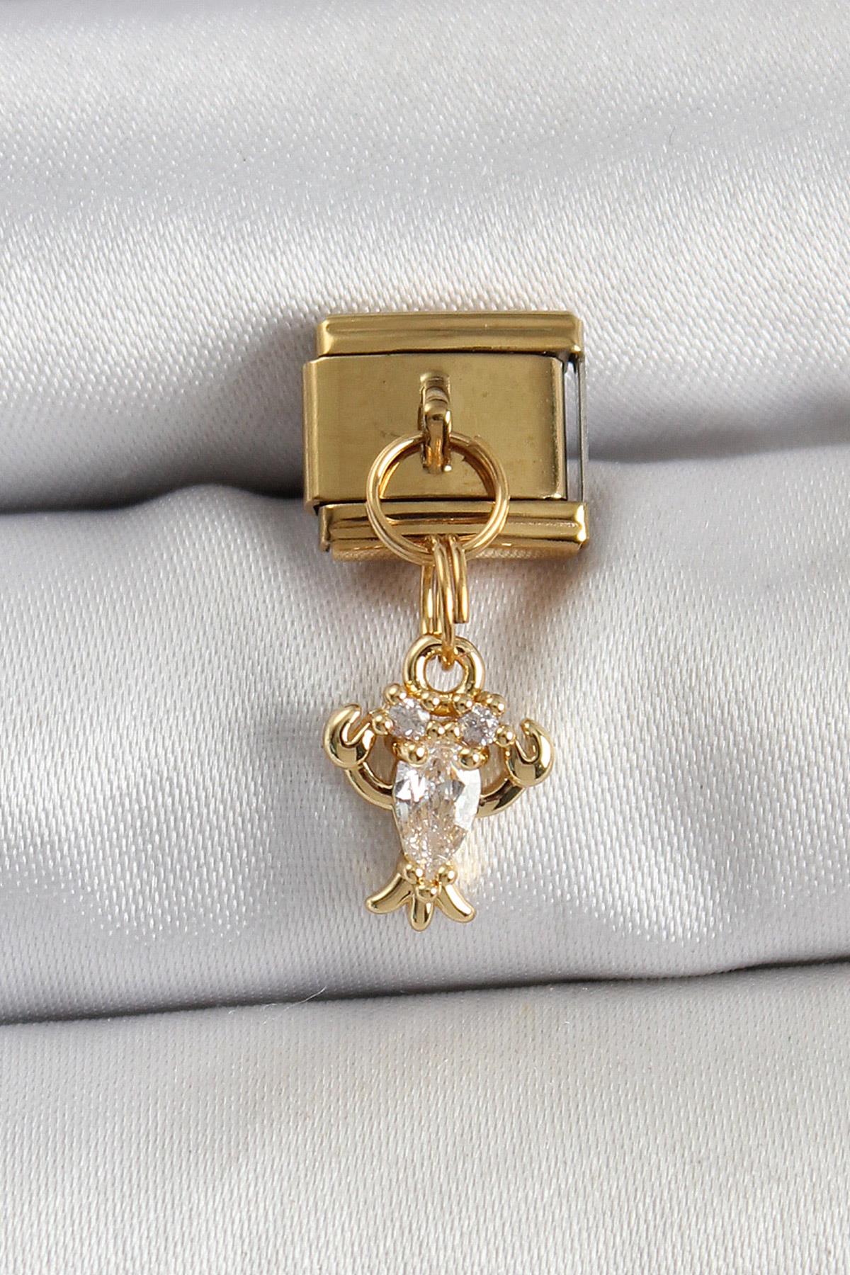 316L Çelik Sallantılı Zirkon Taşlı Yengeç Model Gold Renk Nomination Charm