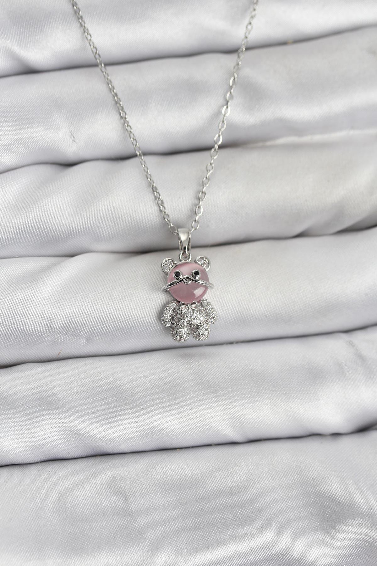 316L Çelik Zincir Gümüş Renk Teddy Bear Model Zirkon Taşlı Kadın Kolye