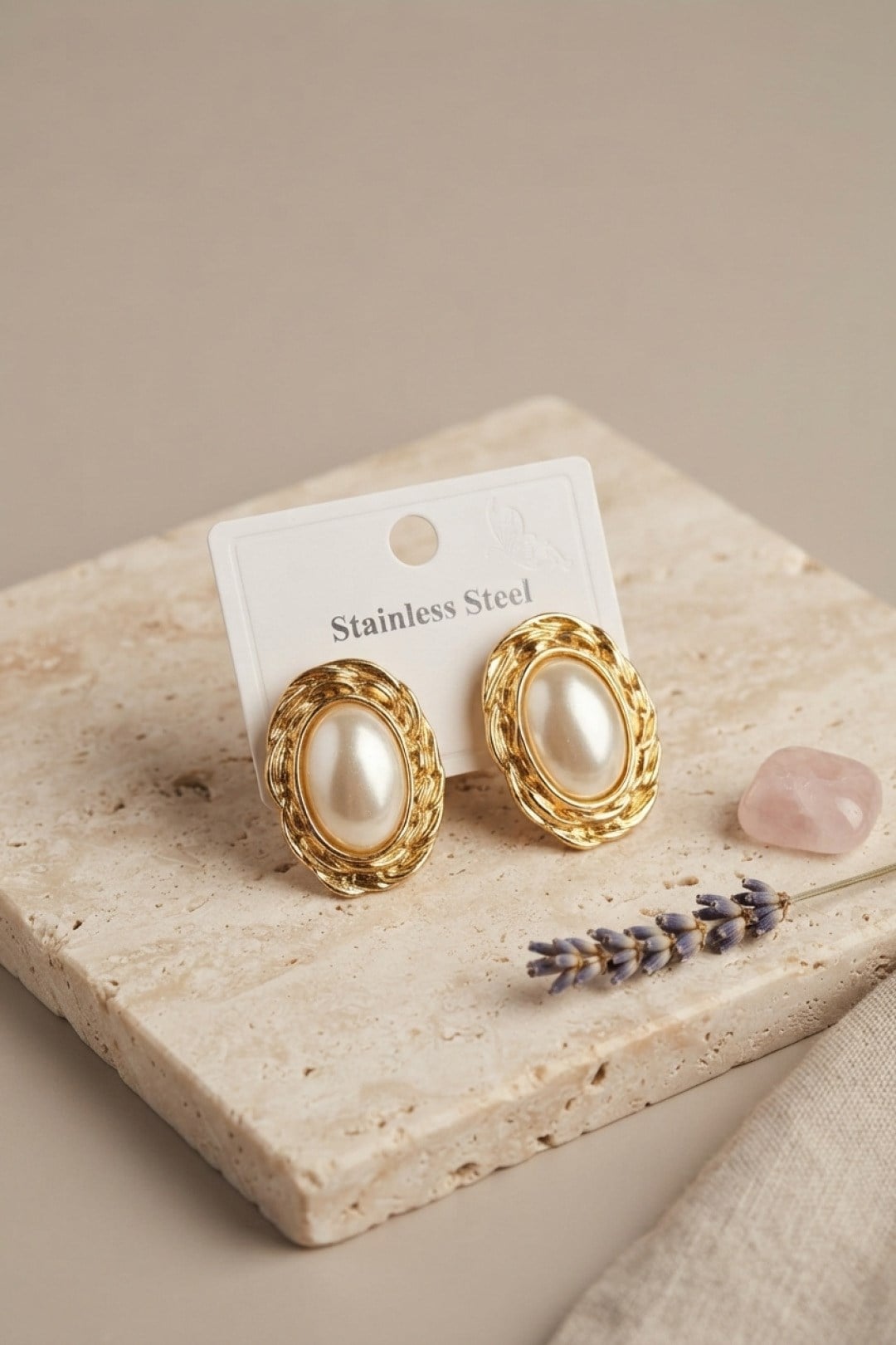 316L Gold Renk Gold Renk Vintage Beyaz İncili Model Küpe