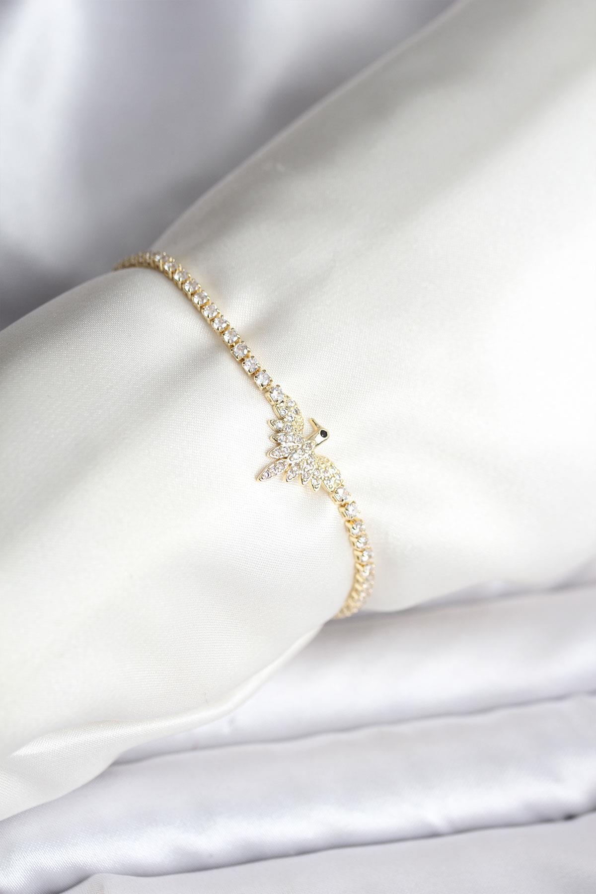 Anka Kuşu Model Zirkon Taşlı Gold Renk Pirinç Su Yolu Kadın Bileklik