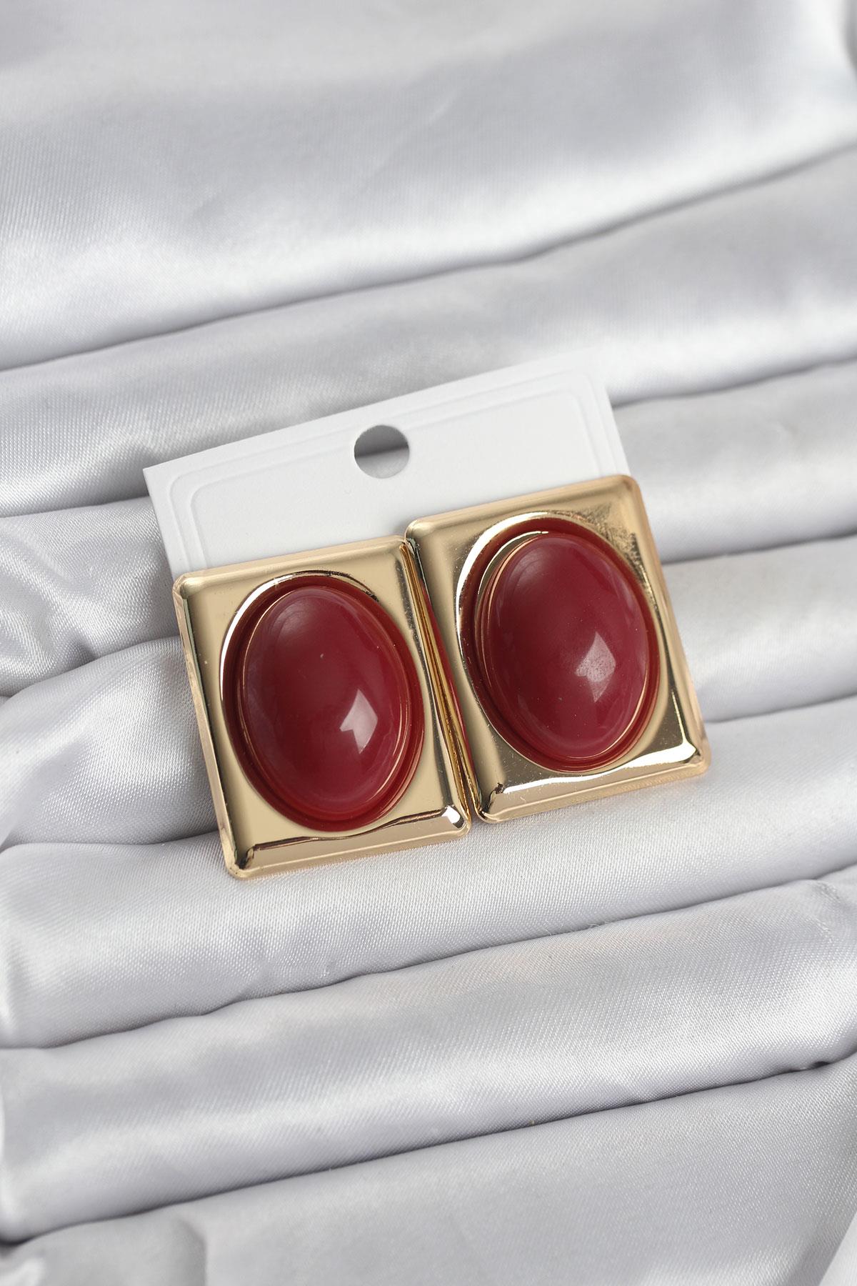 Bordo Kare Model Vintage Gold Renk Kadın Küpe