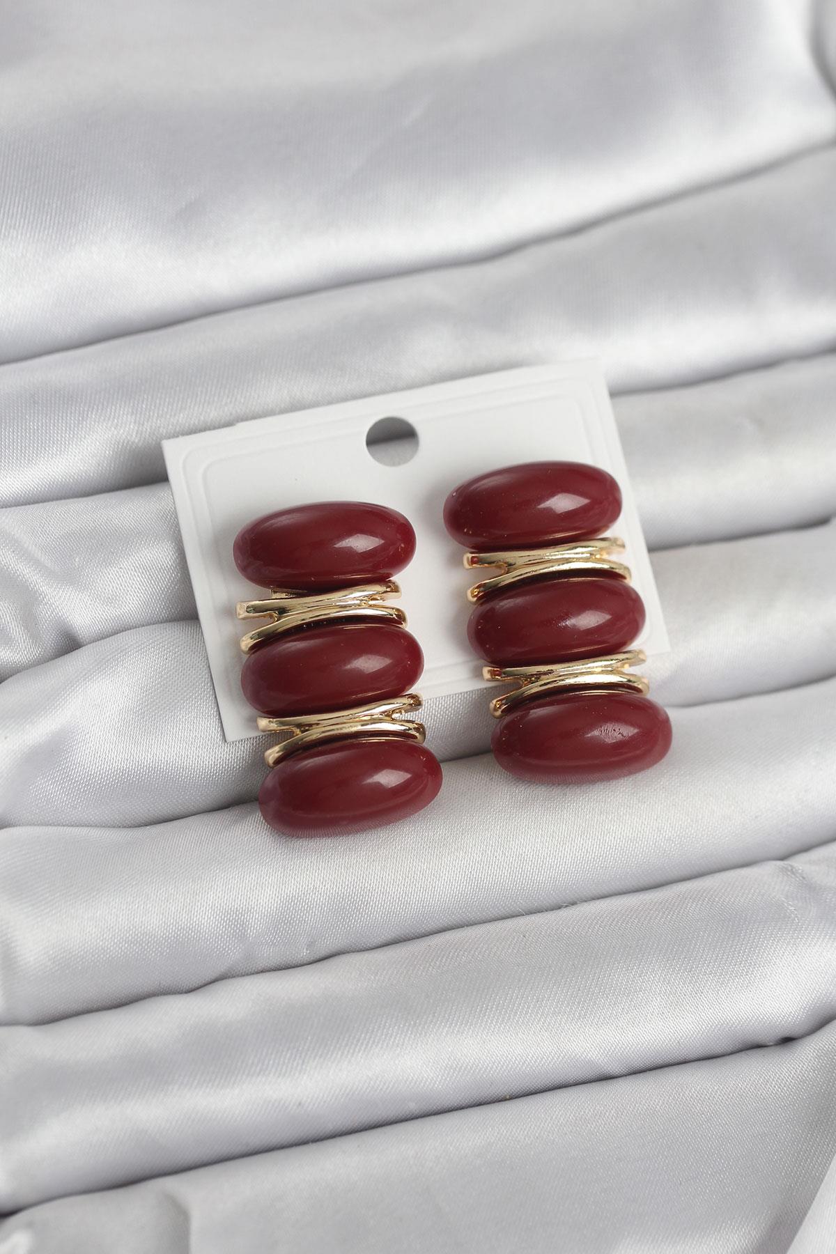 Bordo Vintage Model Gold Renk Kadın Küpe