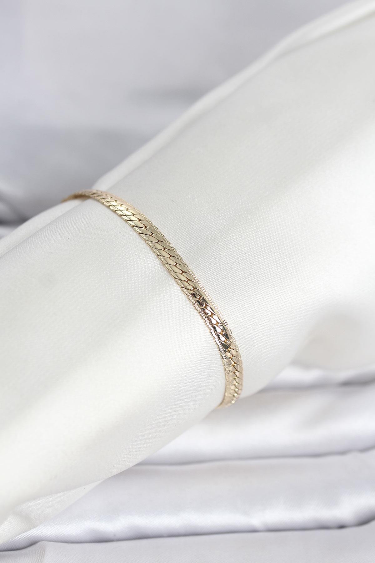 CM 14K Gold Renk Lazerli Yassı Zincir Model Kadın Bileklik