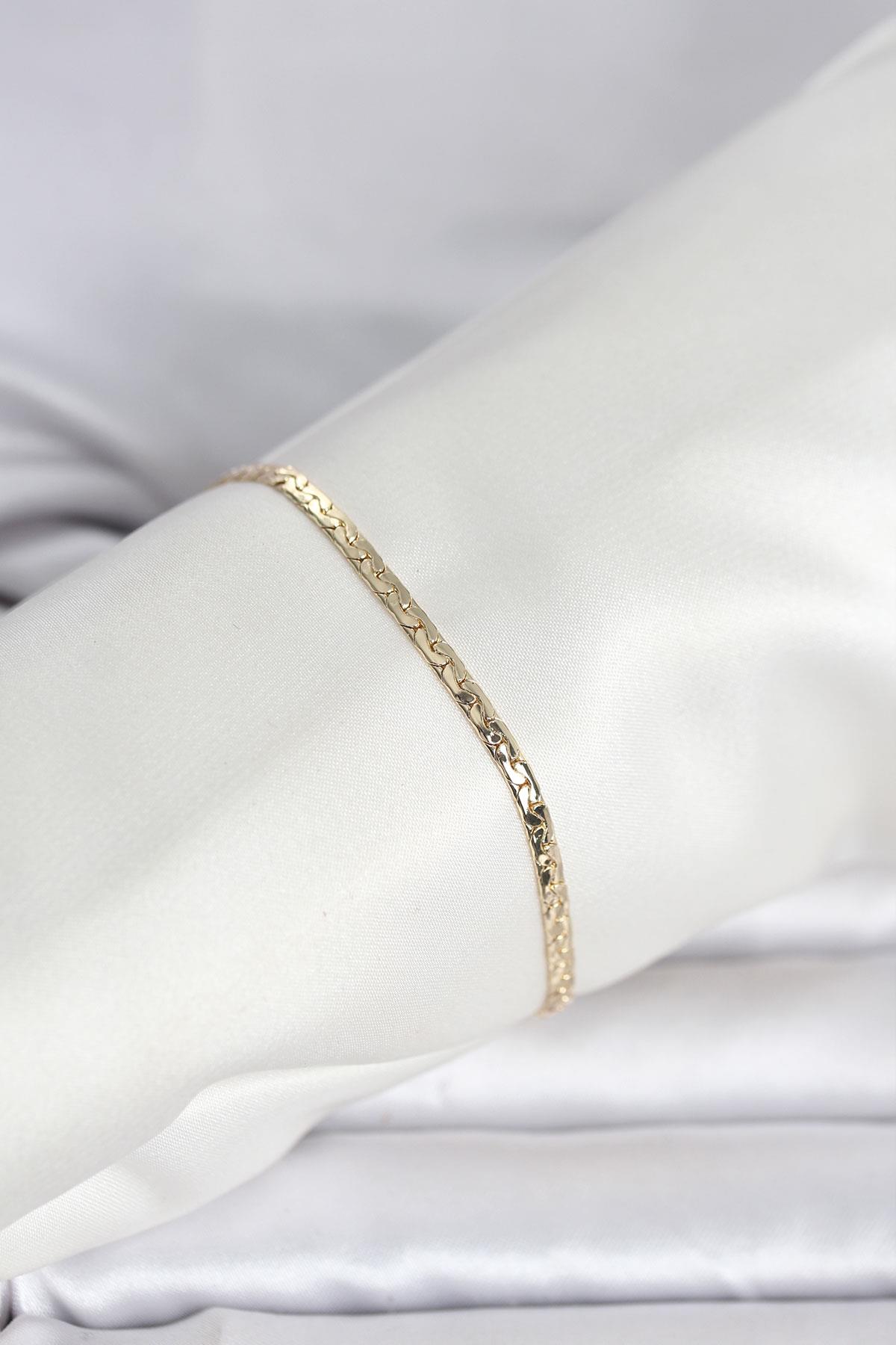 CM 14K Gold Renk Yassı Ezme Zincir Model Kadın Bileklik