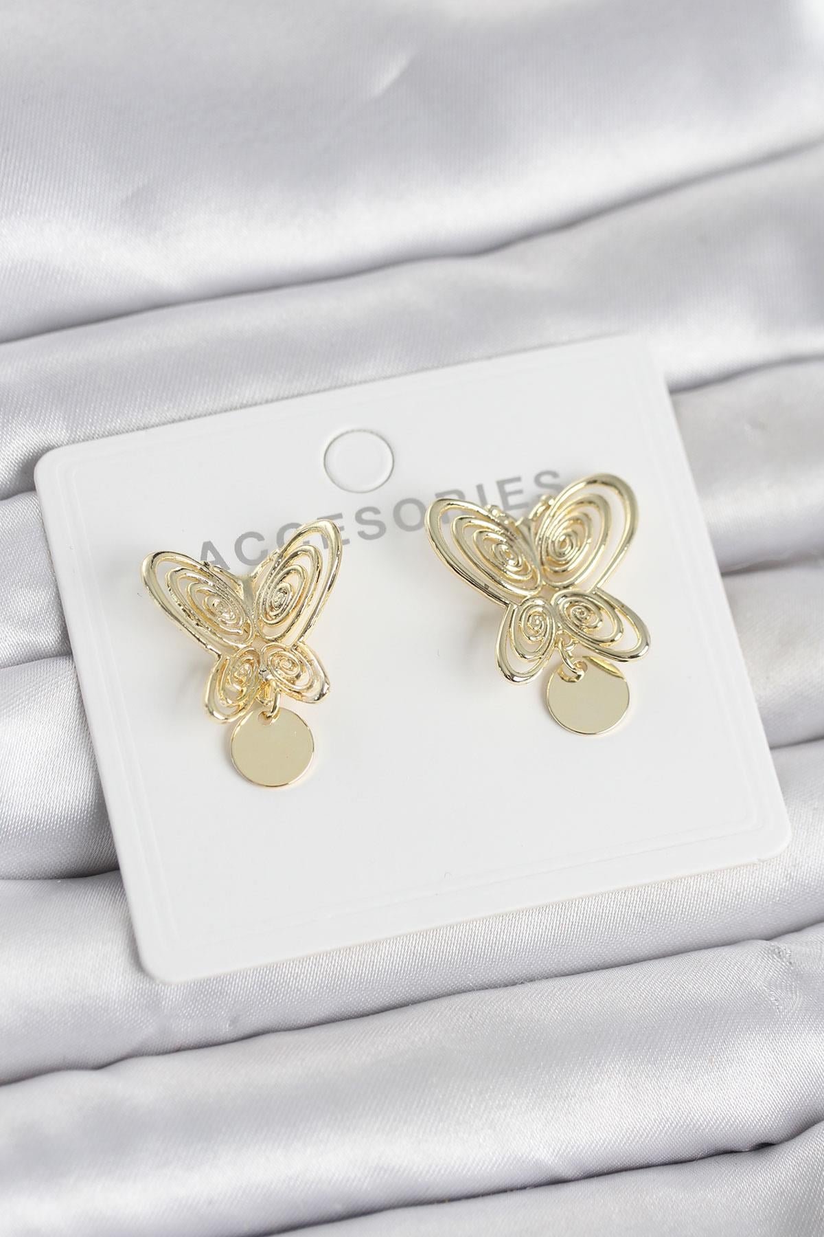 Füsun Küpesi Model Gold Renk Kelebek Model Pirinç Kadın Küpe