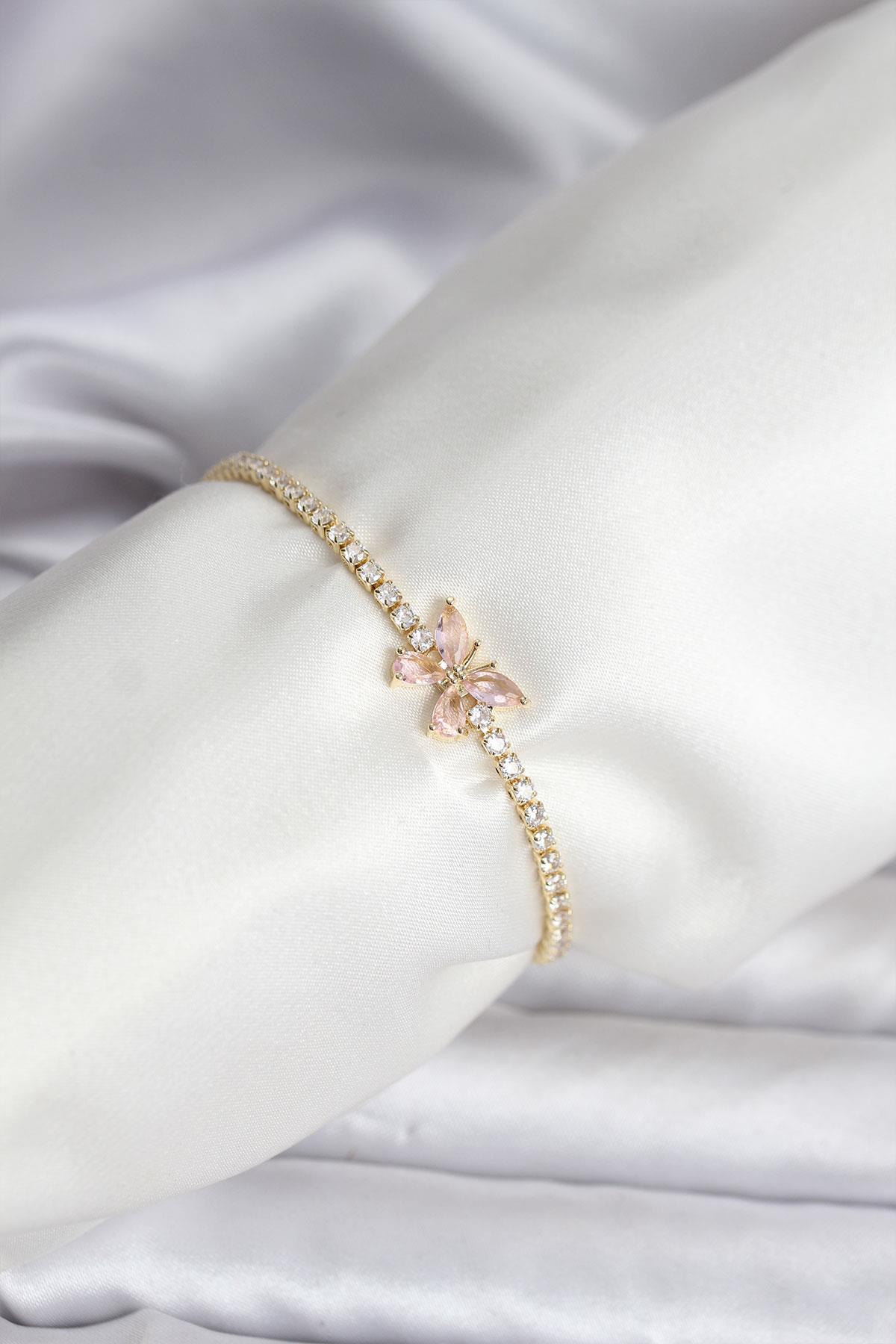 Kelebek Model Zirkon Taşlı Gold Renk Pirinç Su Yolu Kadın Bileklik