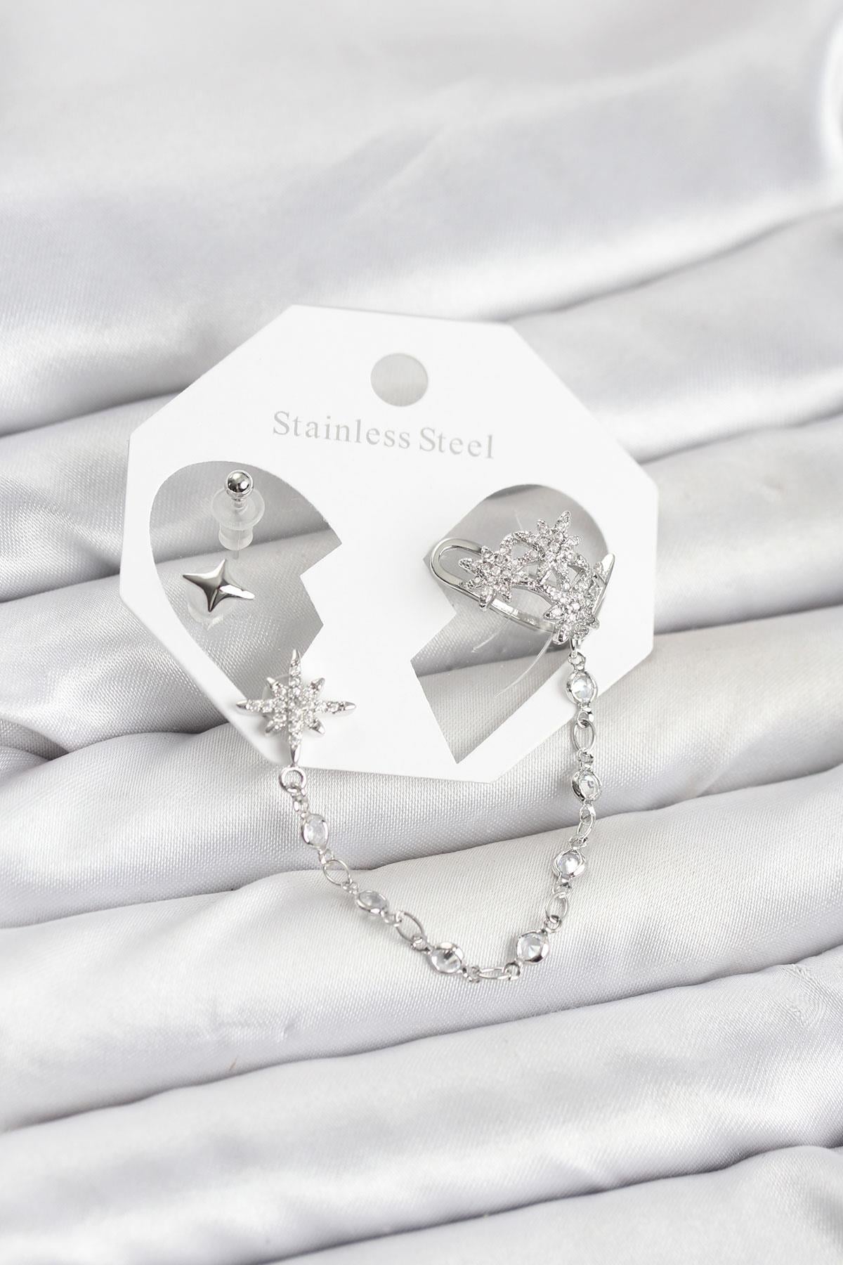 Kutup Yıldızı Model Pirinç Gümüş Renk Zincir Bağlantılı Ear Cuff Küpe Seti