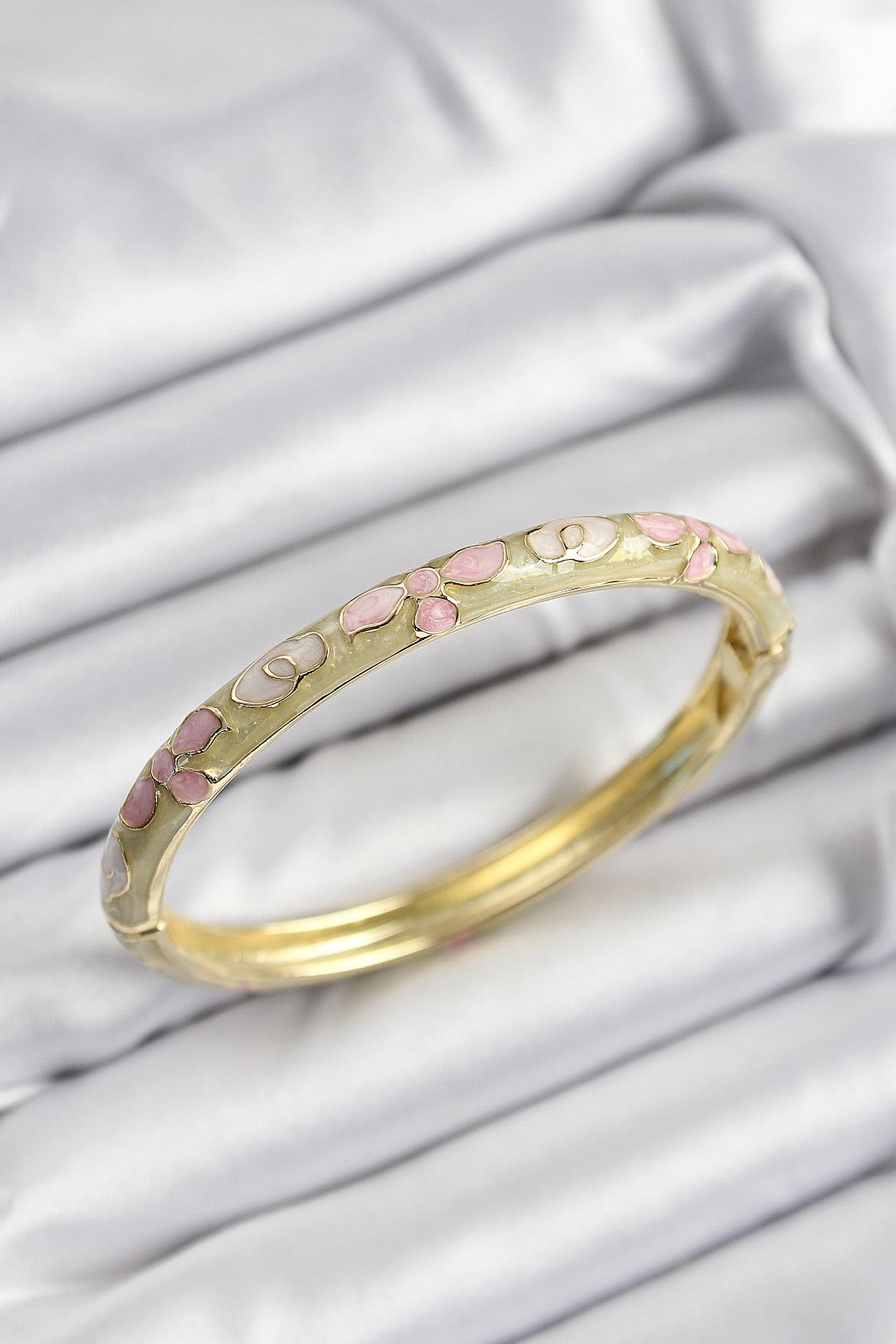 Mineli Pirinç Pembe Hardal Ve Krem Çiçek Motifli Gold Renk Kadın Kelepçe