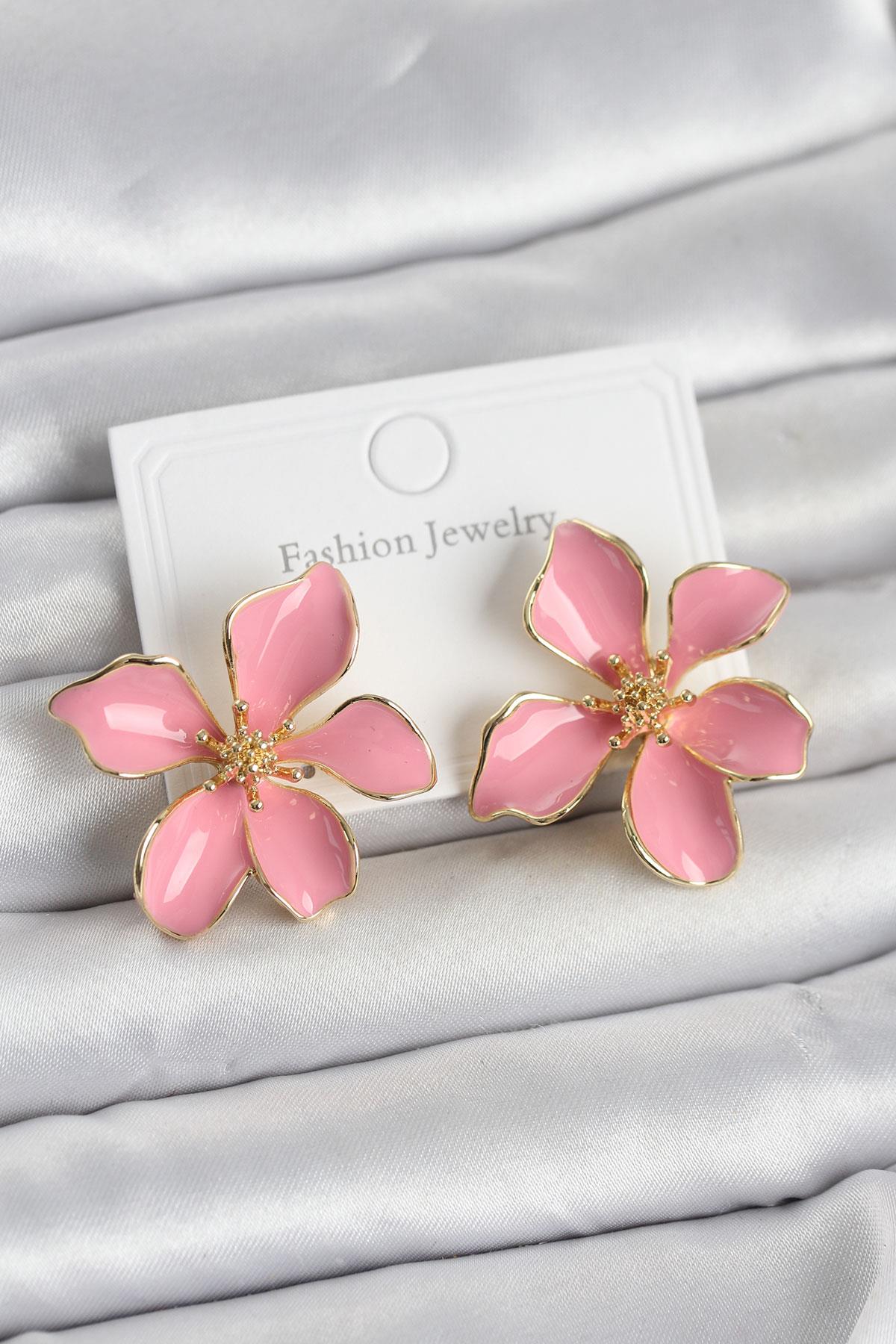 Pembe Mineli Çiçek Model Pirinç Kadın Küpe