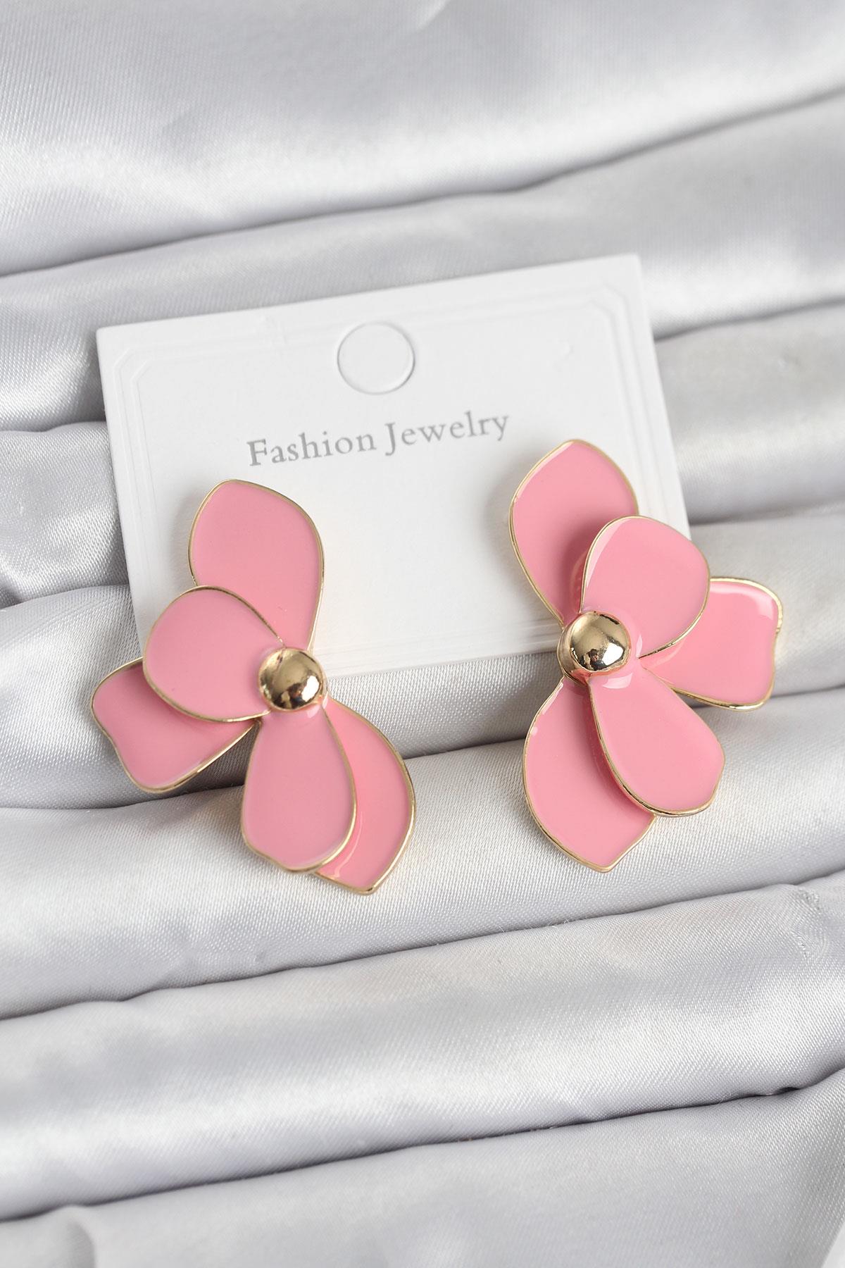 Pembe Mineli Lotus Model Pirinç Kadın Küpe