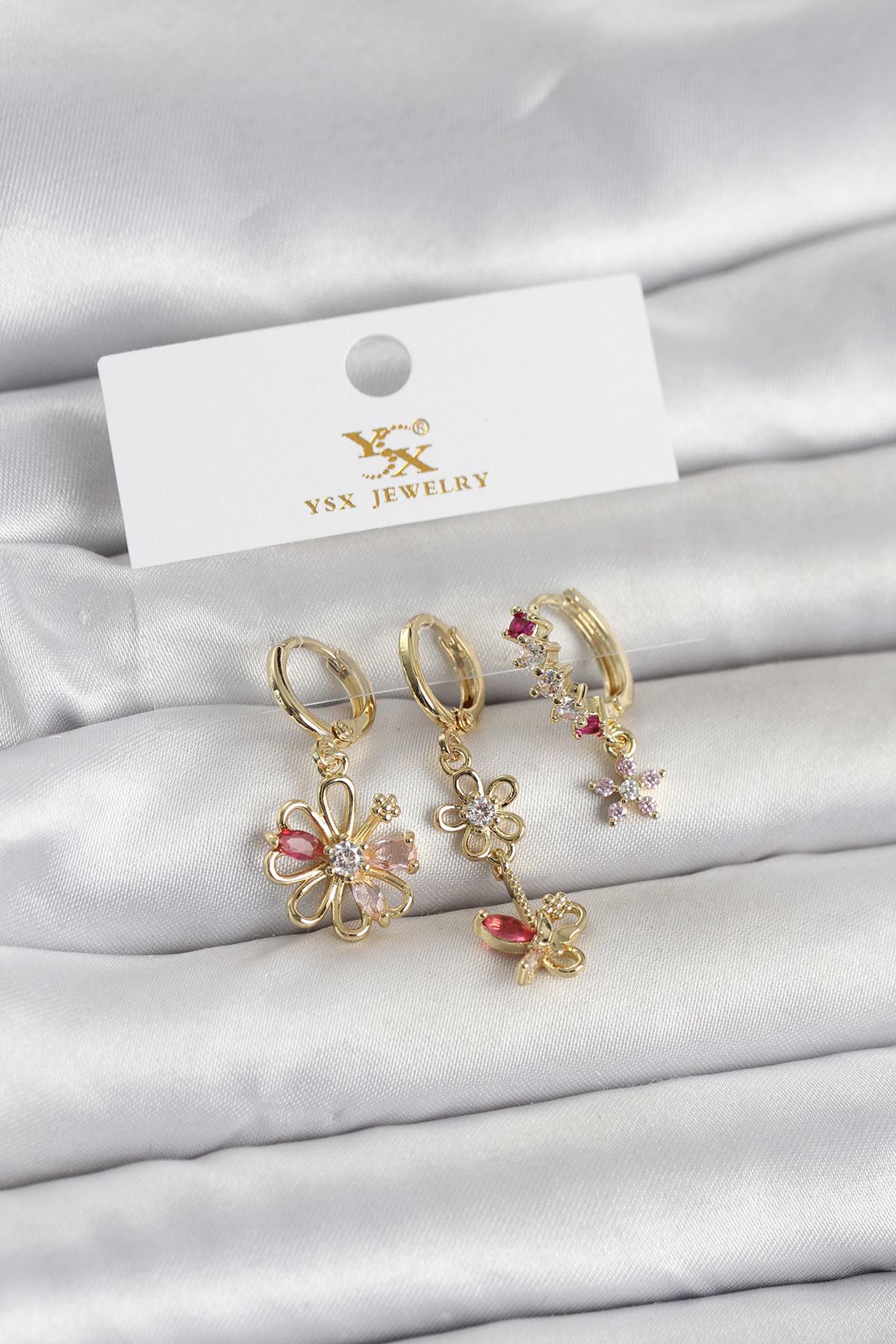 Pirinç Gold Renk Çiçek Model 3'lü Kadın Küpe