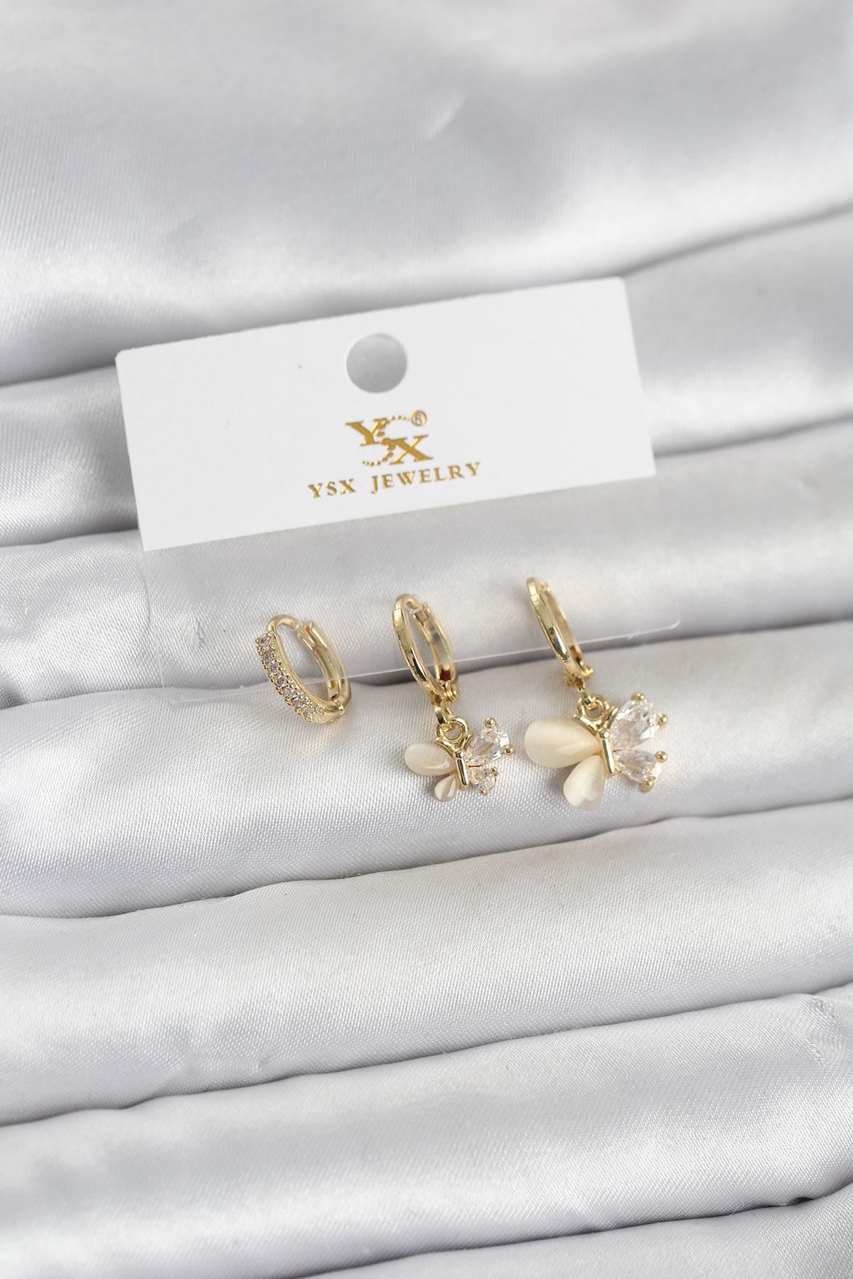 Pirinç Gold Renk Kelebek Model 3'lü Kadın Küpe