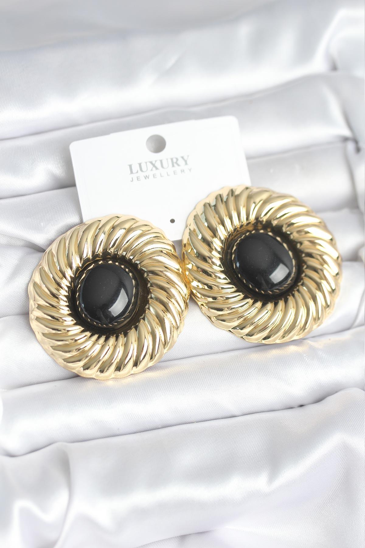Pirinç Gold Renk Siyah Boncuklu Vintage Kadın Küpe