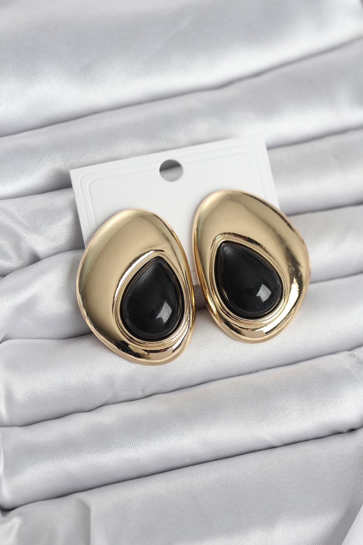 Pirinç Gold Renk Siyah Taşlı Damla Model Vintage Kadın Küpe