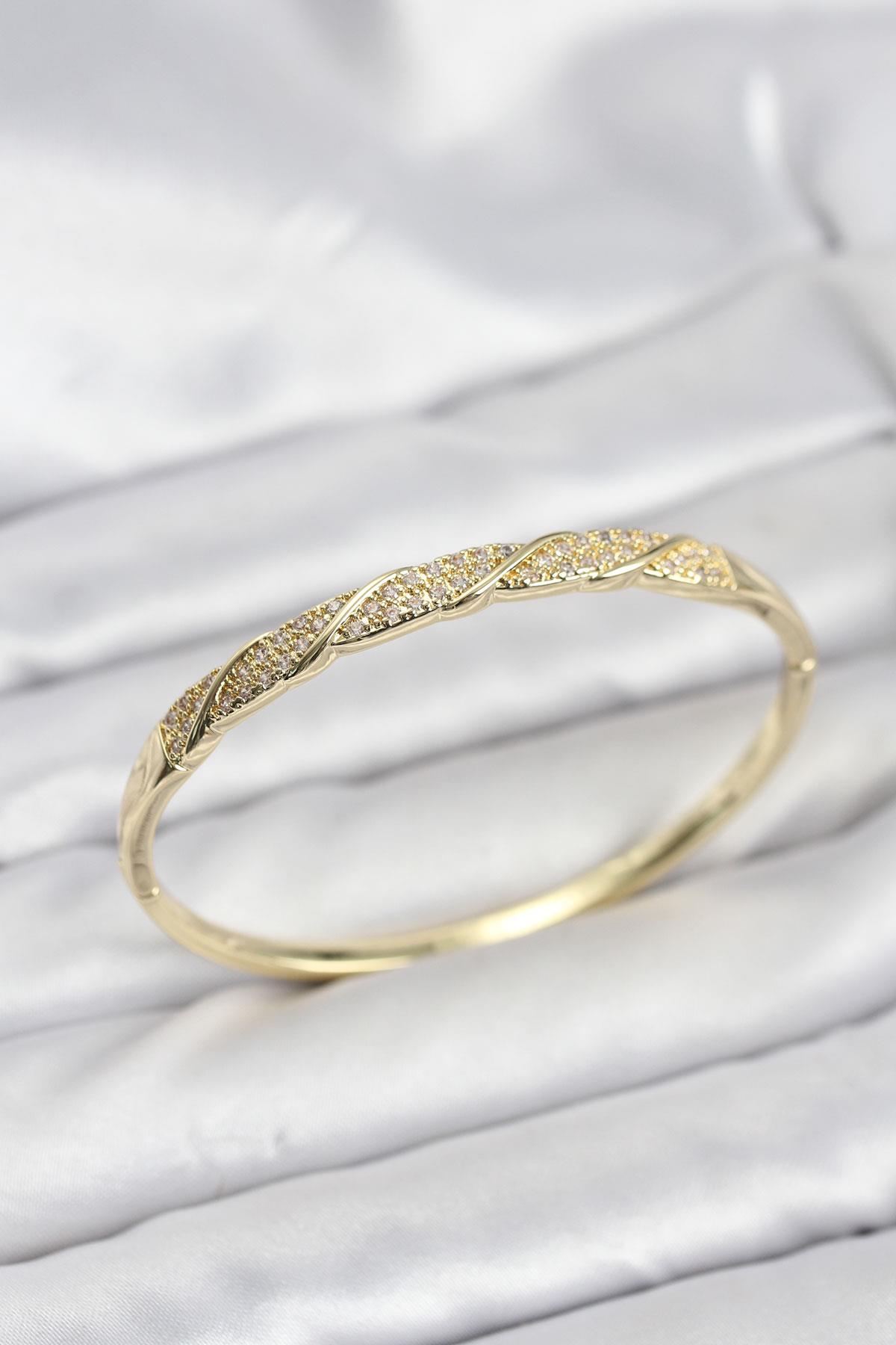 Pirinç Gold Renk Zirkon Taşlı Model Kadın Kelepçe Bileklik