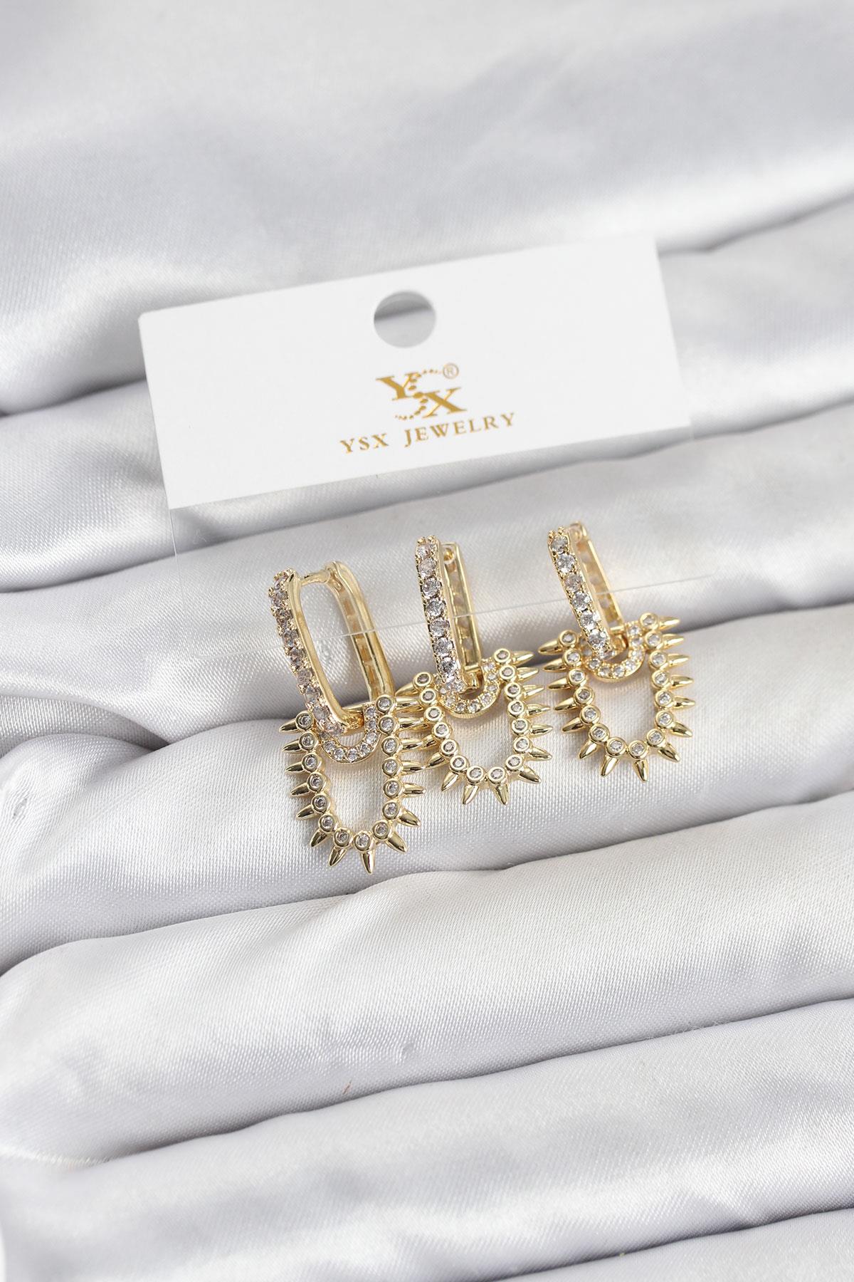 Pirinç Gold Renk Zirkon Taşlı Vintage Model YSX Trio Küpe Seti
