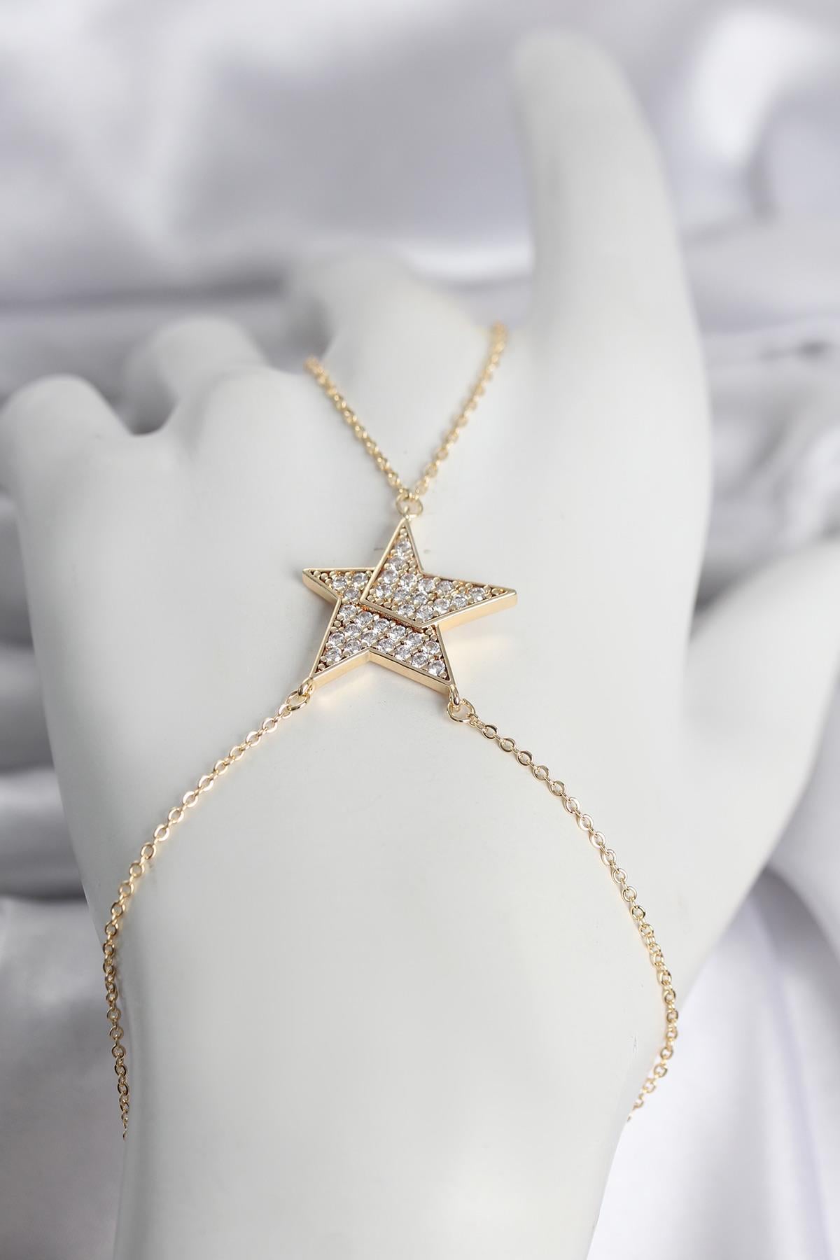 Pirinç Gold Renk Zirkon Taşlı Yıldız Model Kadın Şahmeran