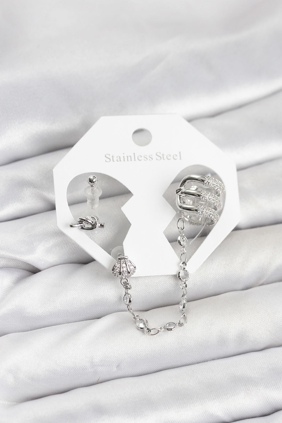 Pirinç Gümüş Renk Sarmal Model Zincir Bağlantılı Ear Cuff Küpe Seti