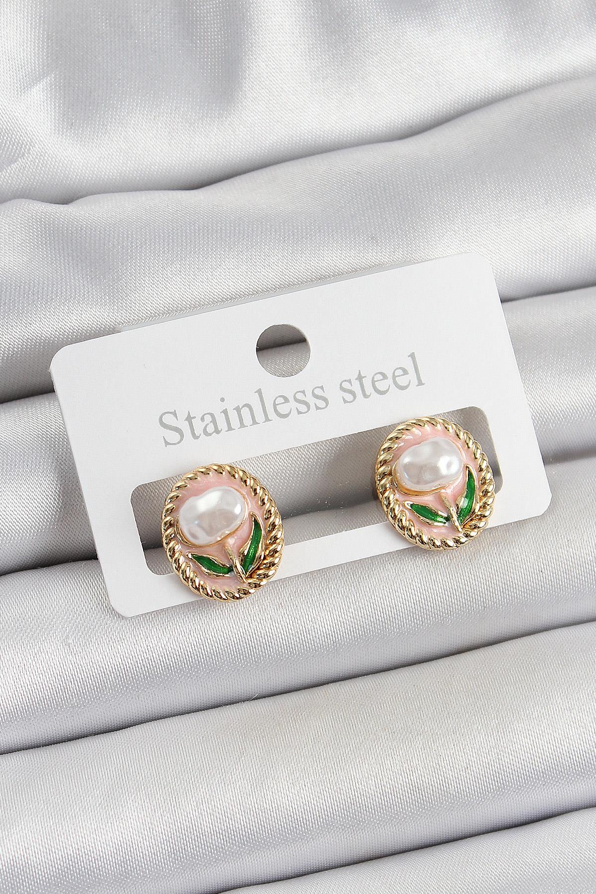 Pirinç Pembe Mineli Lale Figürlü Sanatsal Portre Model Gold Renk Kadın Küpe