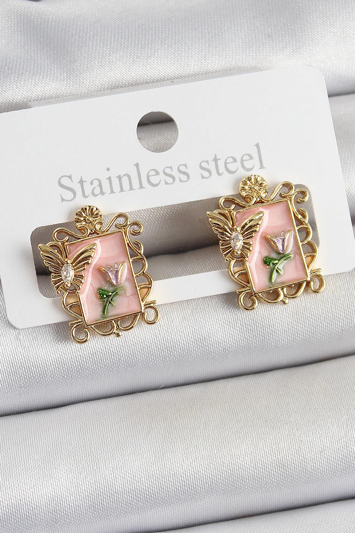 Pirinç Pembe Mineli Sanatsal Portre Model Gold Renk Kadın Küpe