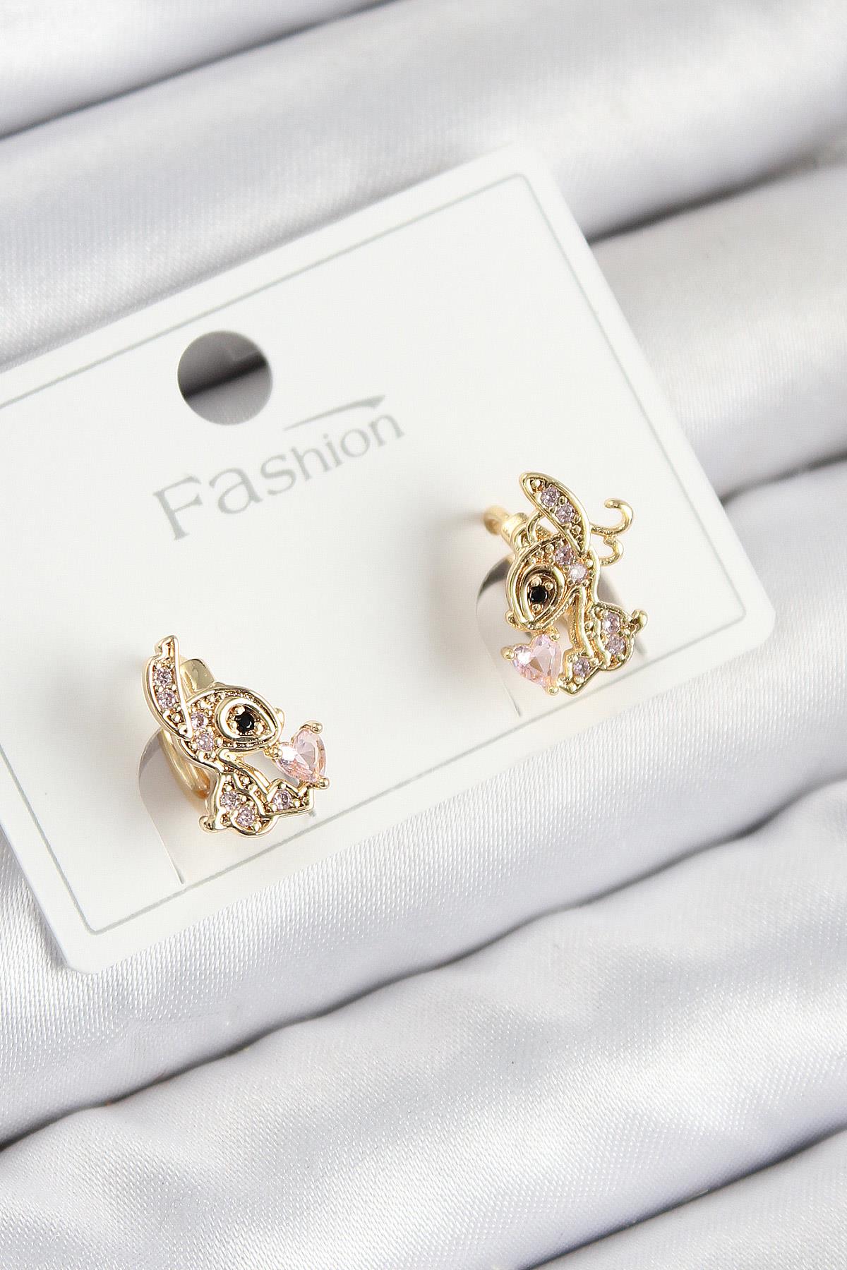Pirinç Zirkon Taşlı Ceylan Model Gold Renk Çocuk Küpe