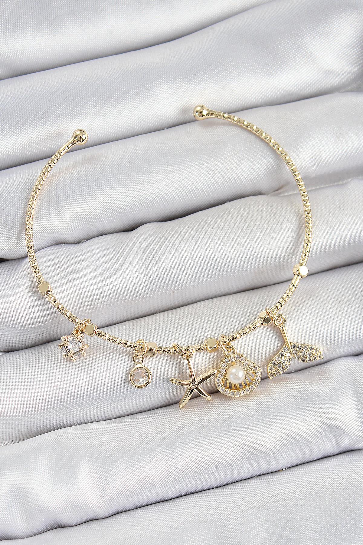 Pirinç Zirkon Taşlı İstiridye Ve Deniz Yıldızı Model Gold Renk Charm Bileklik
