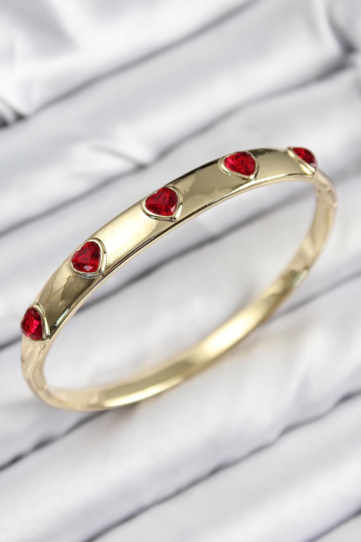 Pirinç Zirkon Taşlı Kırmızı Kalp Model Gold Renk Kadın Kelepçe