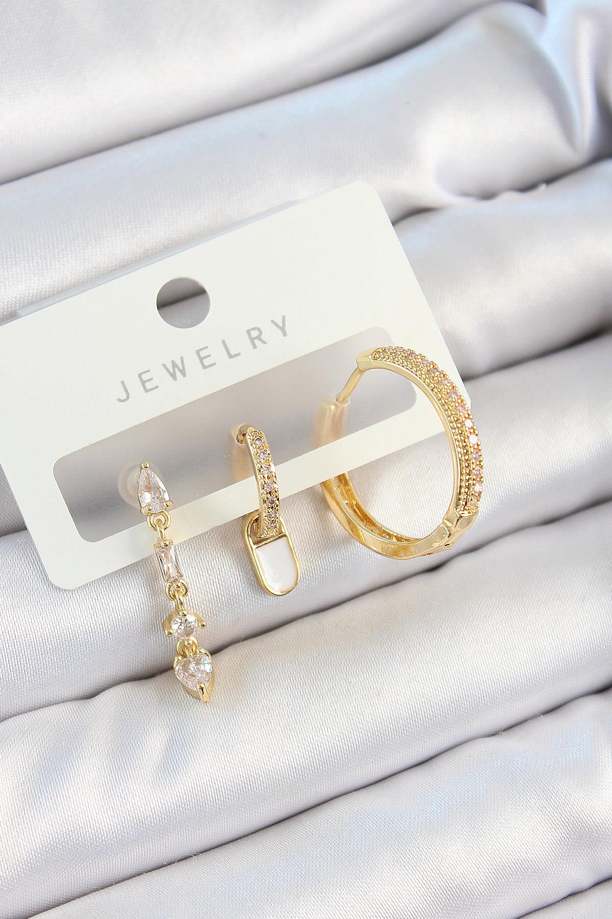 Pirinç Zirkon Taşlı Sallantılı Model Gold Renk 3'lü Çift Kadın Küpe Set