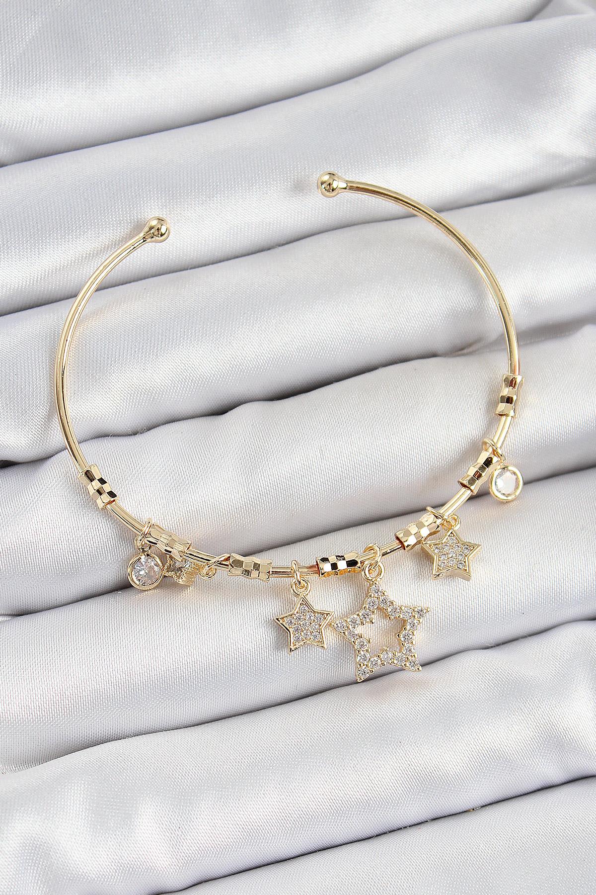Pirinç Zirkon Taşlı Yıldız Model Gold Renk Charm Bileklik