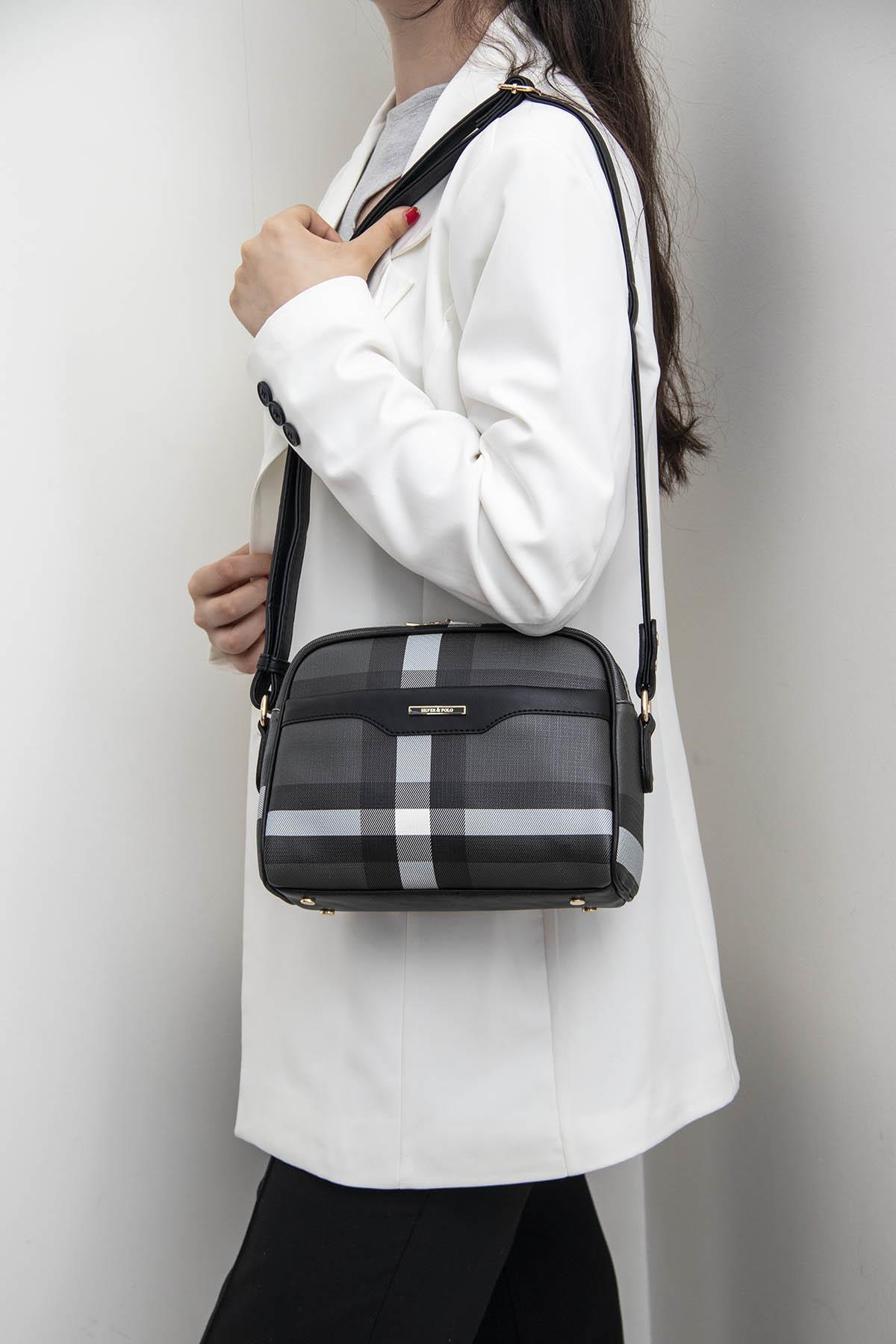 Silver&Polo 1093 Kadın Çapraz Çanta Siyah Ekose