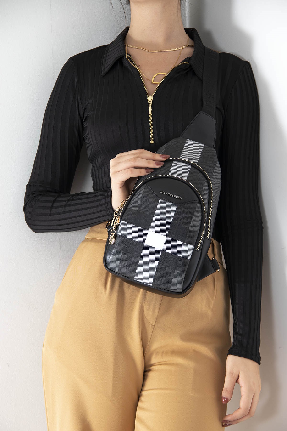 Silver&Polo 959 Kadın Freebag Siyah Ekose
