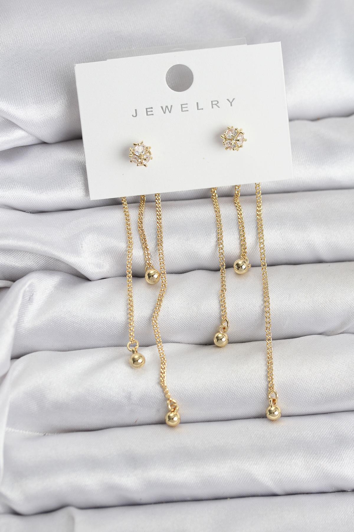 Topçuk Model Gold Renk Pirinç Sallantılı Kadın Küpe Seti