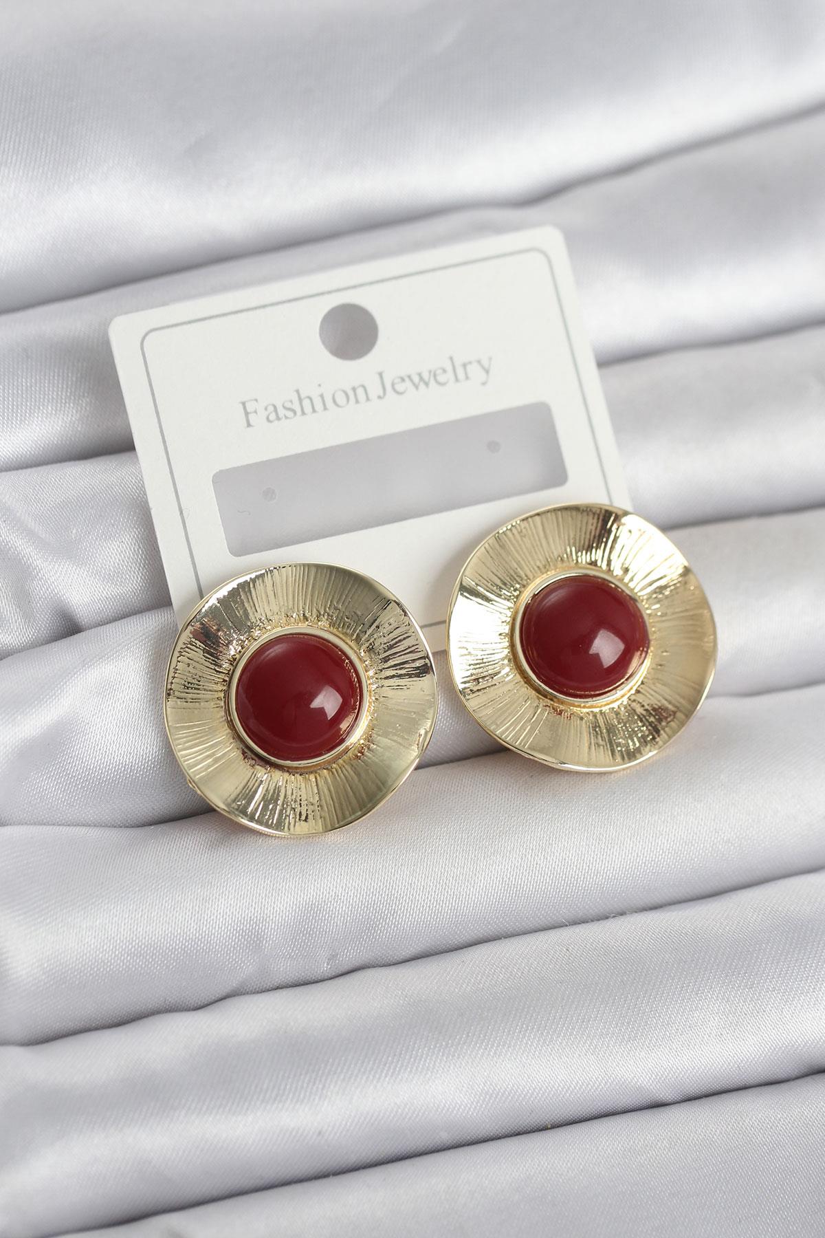Vintage Model Bordo Gold Renk Pirinç Kadın Küpe