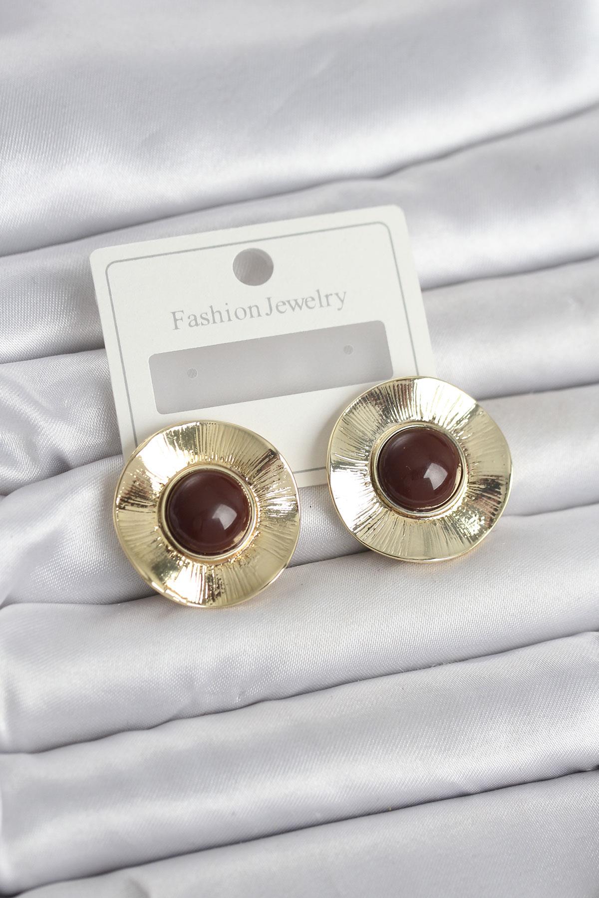 Vintage Model Kahverengi Gold Renk Pirinç Kadın Küpe