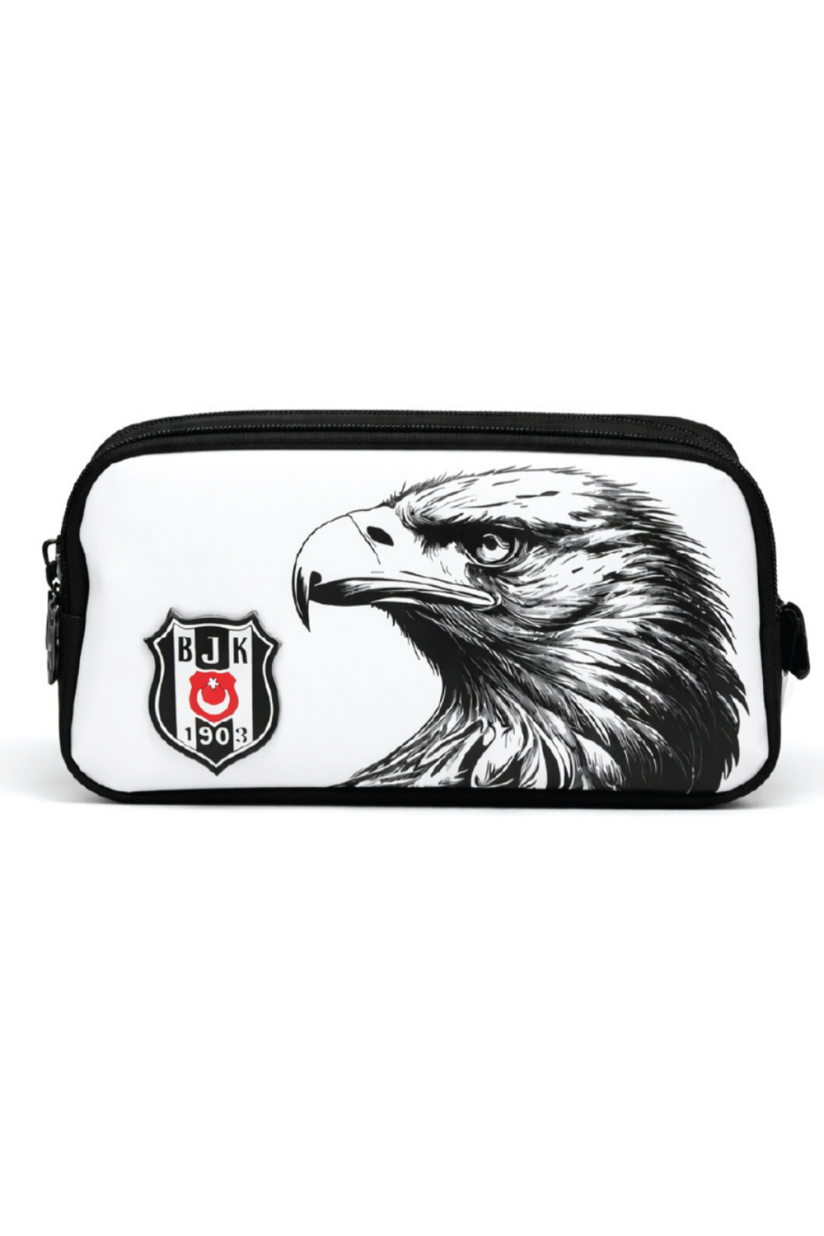  Beşiktaş Lisanslı Çift Bölmeli Kartal Desenli Kalemlik - Rubber Logolu Su İtici Kumaşlı Kalem Kutusu
