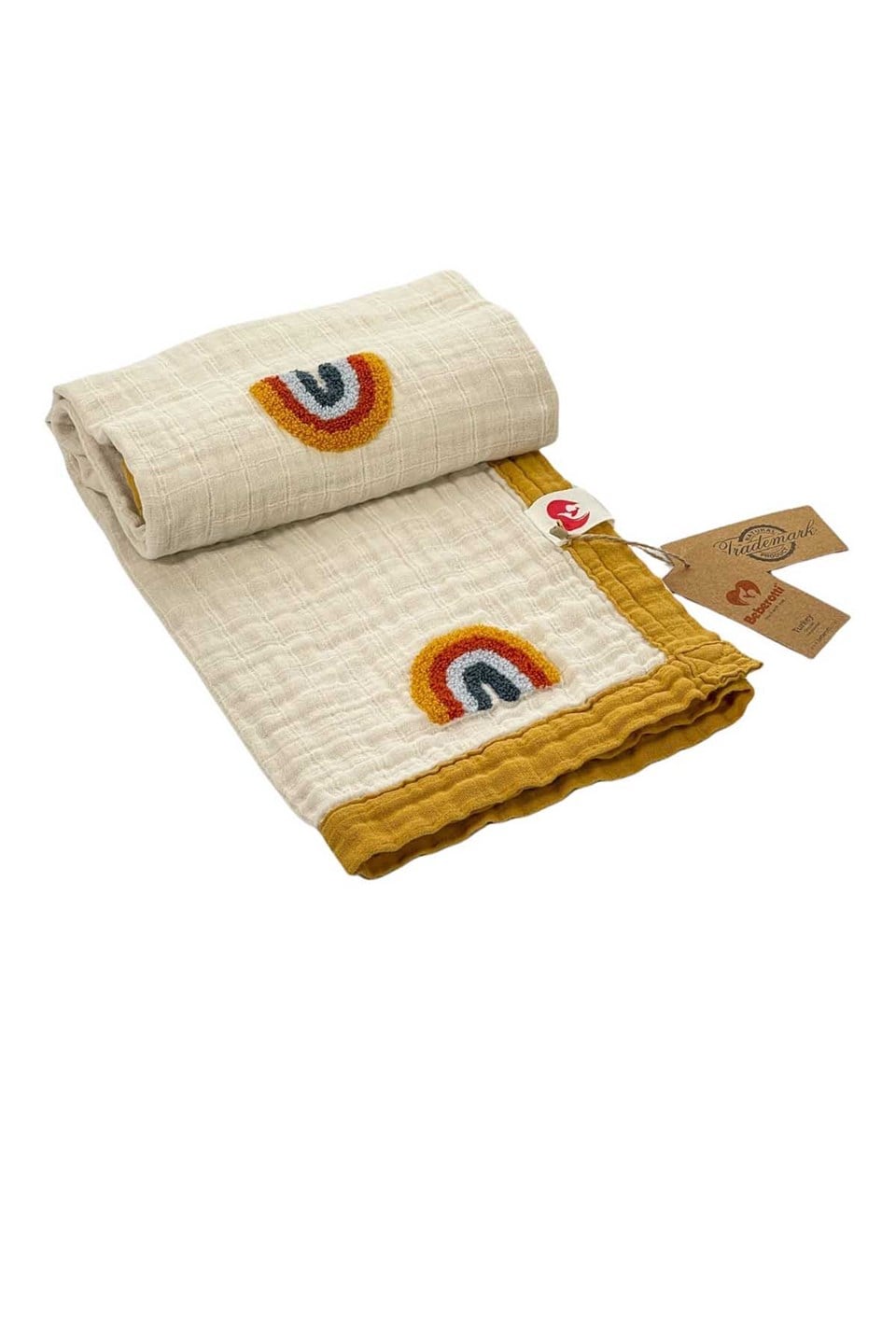 4 Kat Punch Detaylı Müslin Battaniye 95*80 cm | Hardal Kenerlı