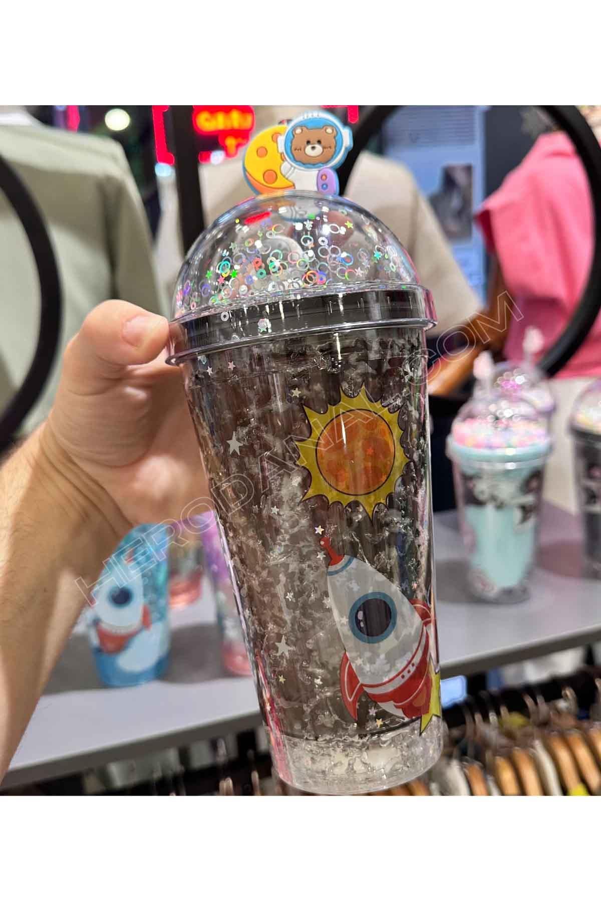 Astronot Işıklı Pipetli Fenomen Bardak - Siyah