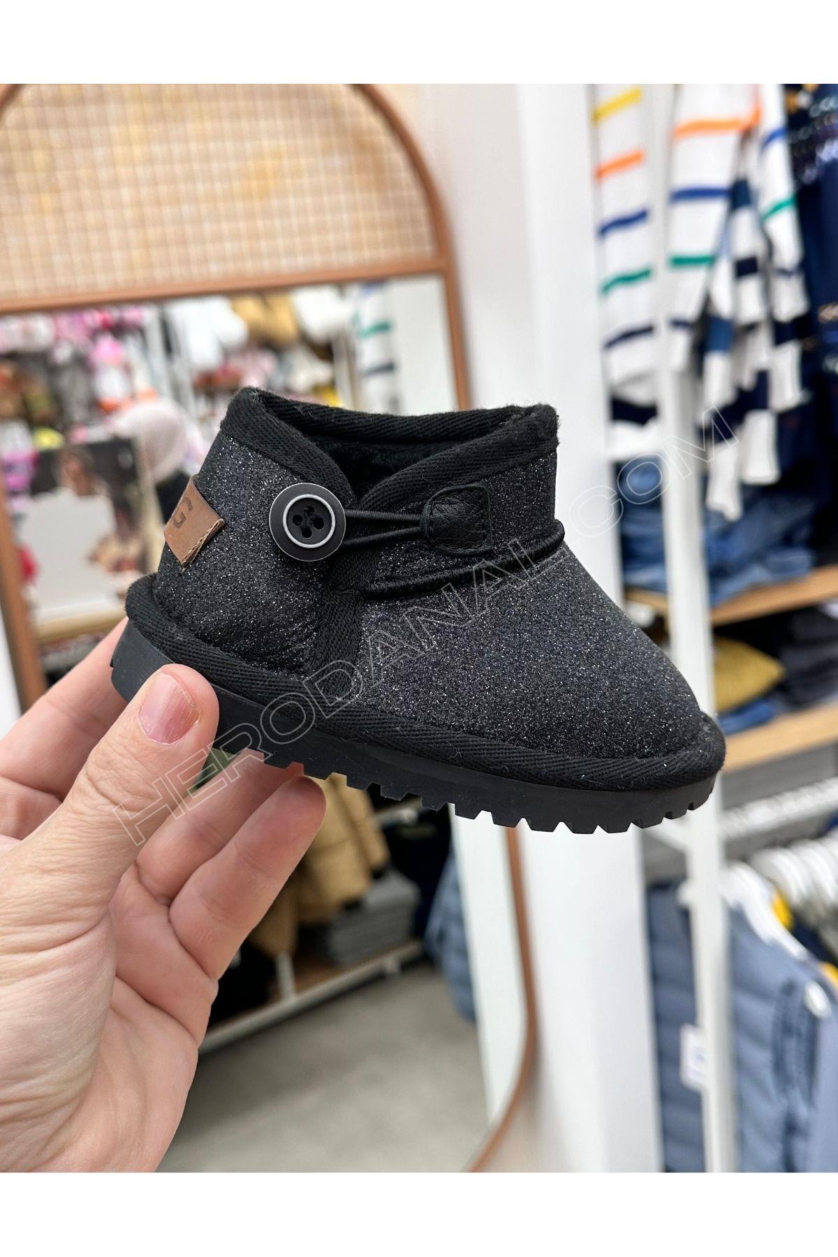 Aurora Çocuk Simli Düğmeli Bot – Ortopedik Taban - Siyah