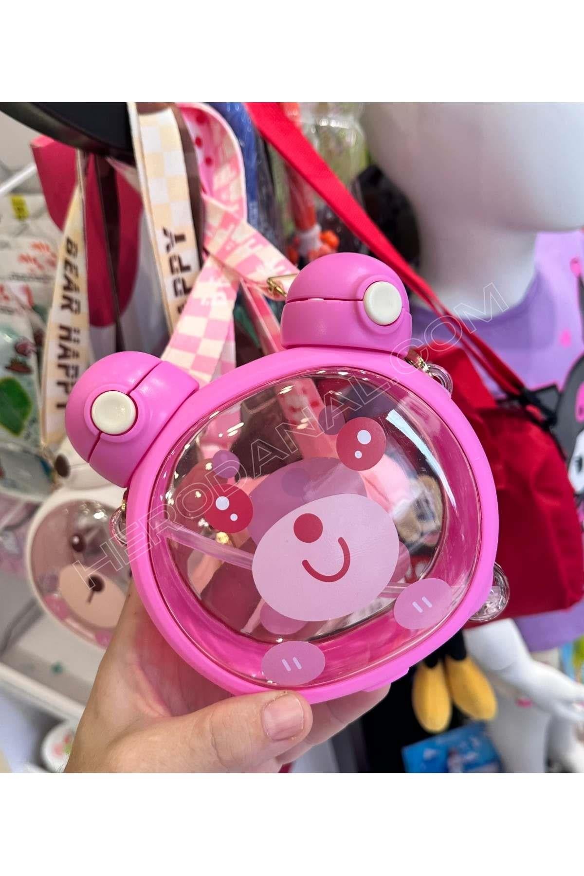 Ayıcıklı Su Matarası Bir Traf Pipet ve Diğrer Taraf Normal Kullanım  - Pembe